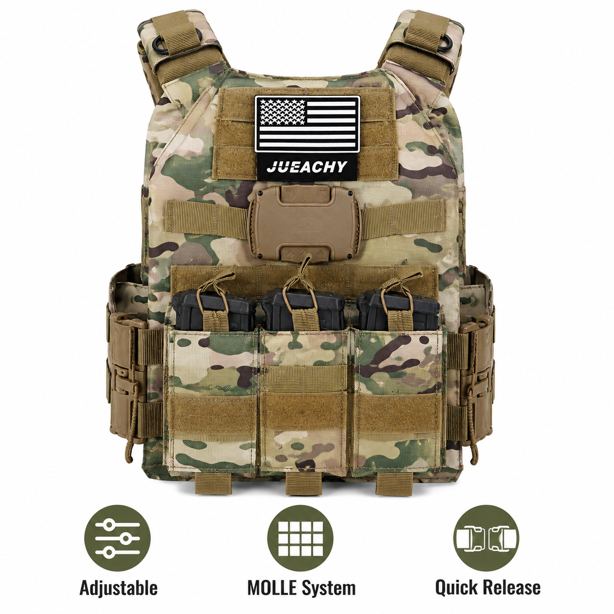 JUEACHY Tactical Vest Plate Carrier MOLLE Adjustable Quick Release Airsoft Paint
