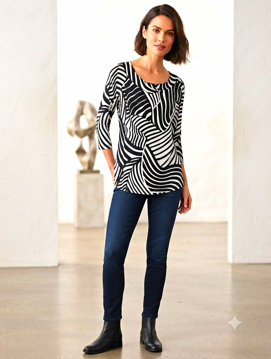 Travelers by Chico\'s Black White Abstract Knit Top Stretch Size 1 (S/M) Acetate 