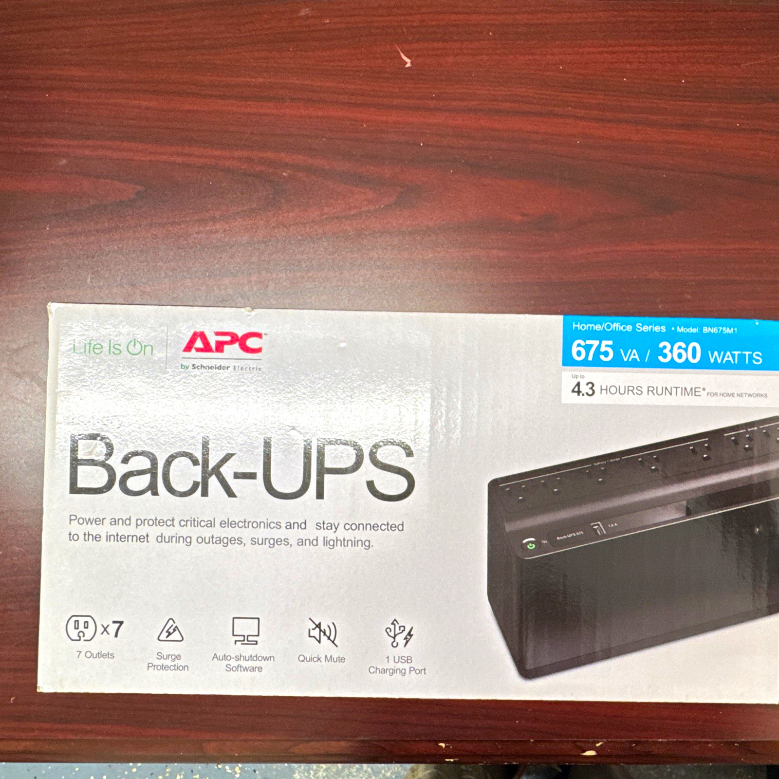 APC BN675M1 Back-UPS 675VA/360W Desktop UPS, 7 Outlets, USB, Black APC BN675M1 Back-UPS 675VA/360W Desktop UPS, 7 Outlets, USB, Black