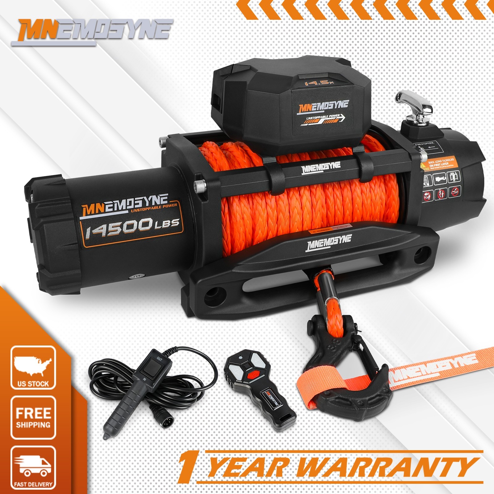MNEMOSYNE 14500LBS Electric Winch 12V Synthetic Rope Truck Trailer 4WD Jeep 4X4