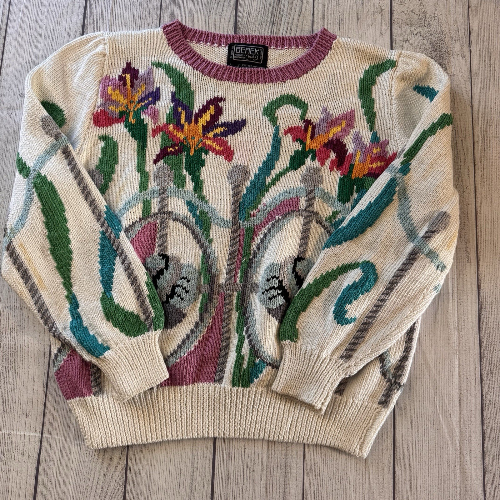 Berek Hand Knit Pima Cotton Floral Sweater Womens Large Uruguay Artsy Vintage Berek Hand Knit Pima Cotton Floral Sweater Womens Large Uruguay Artsy Vintage