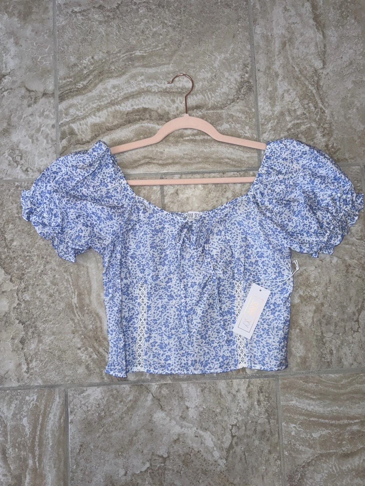 NEW Sienna Sky Blue Floral Ruffle Top Size M