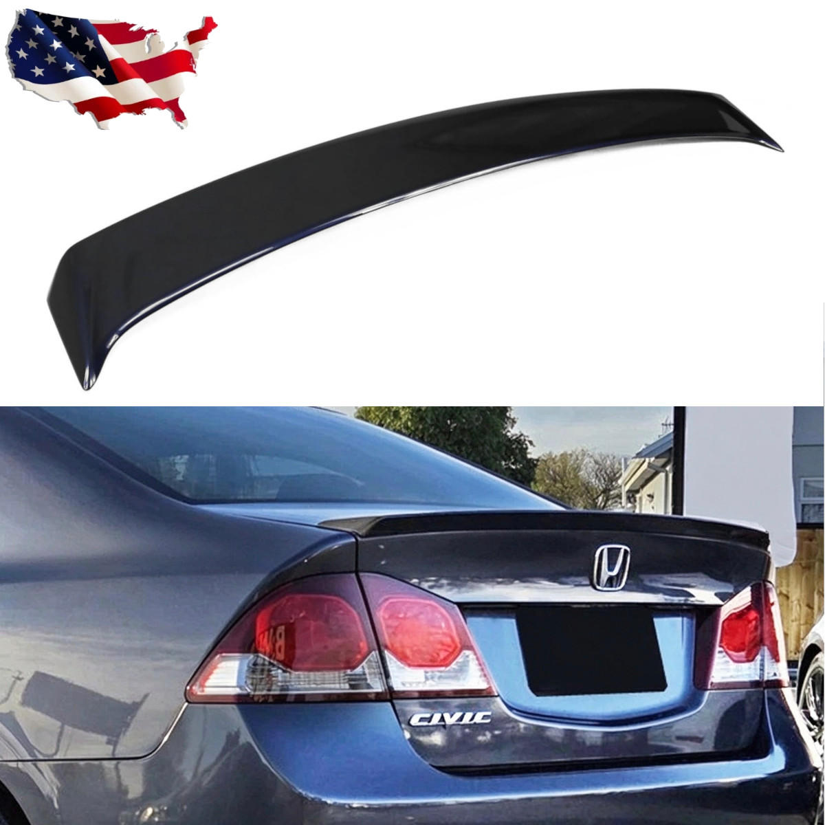 GLOSS BLACK Rear Trunk Spoiler for Honda Civic 2006-2011 4dr Sedan OE Lip Style