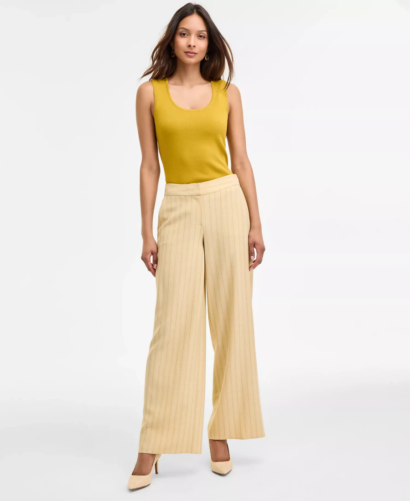 NWT Tahari ASL Pinstriped Mid Rise Wide-Leg Pants Ochre Tan Sz 14 $109 MSRP NWT Tahari ASL Pinstriped Mid Rise Wide-Leg Pants Ochre Tan Sz 14 $109 MSRP