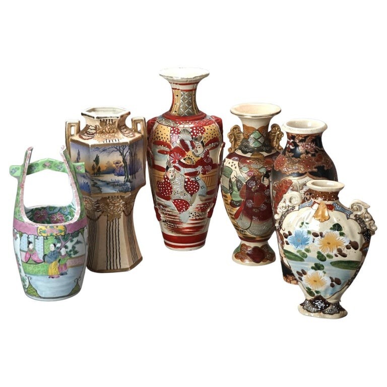 Six Antique Japanese Satsuma Pottery Vases C1920