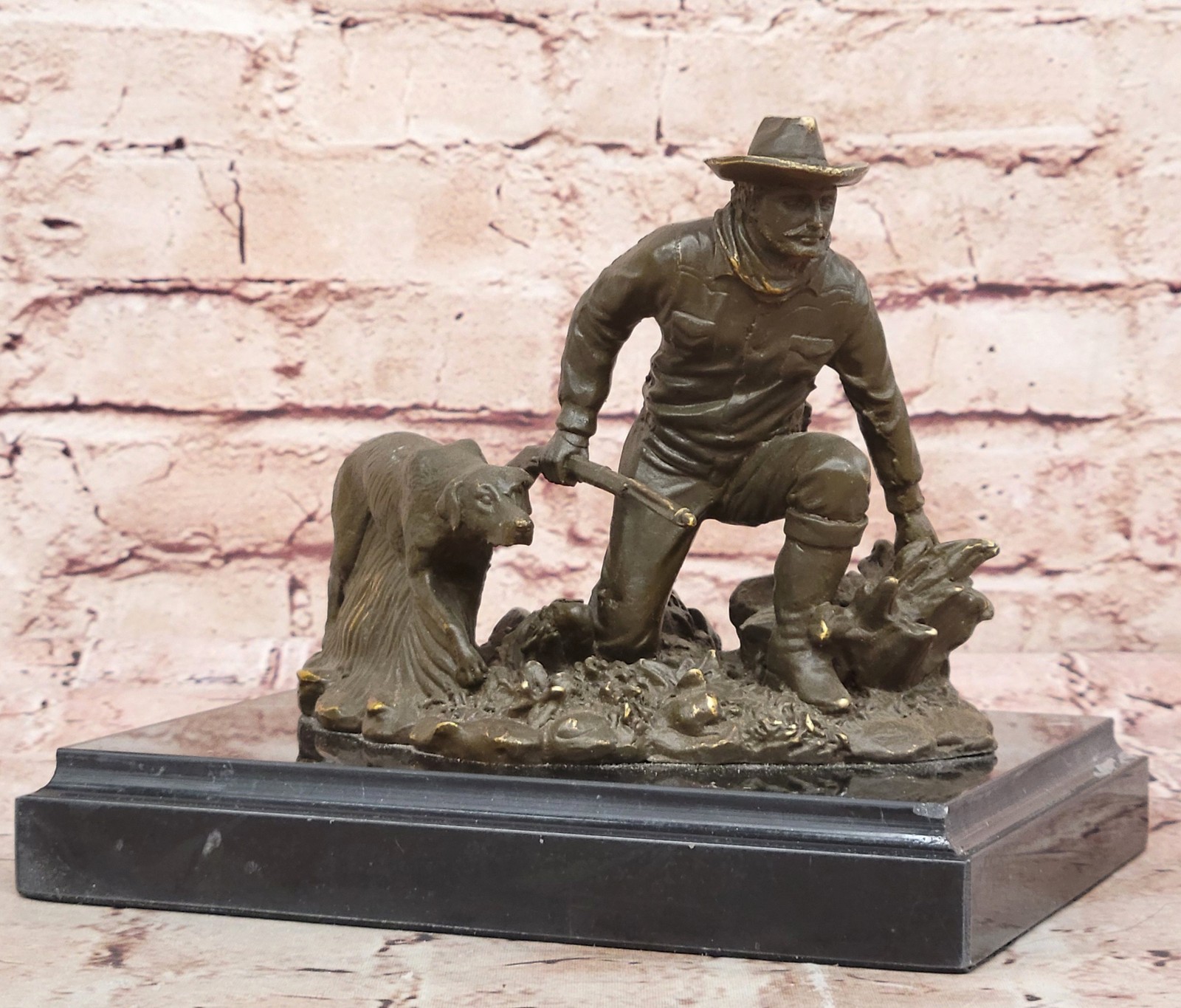 Signed Cowboy and Dog Bronze Statue Western Life Figurine by M.Lopez Collectible