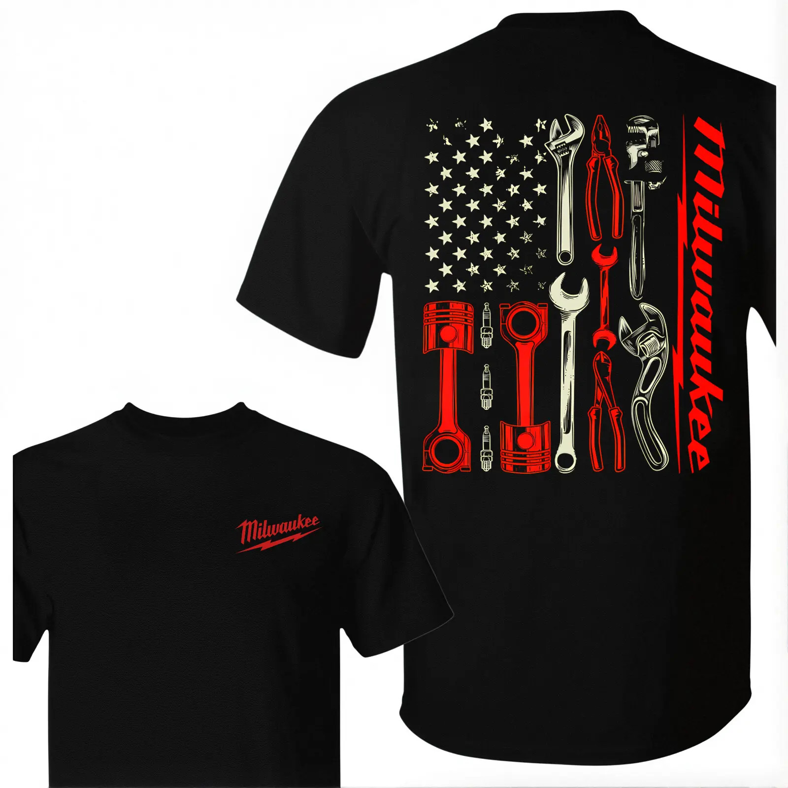 Men's Vintage Milwaukee Tools USA Flag Mechanic Cotton Graphic T-shirt Men's Vintage Milwaukee Tools USA Flag Mechanic Cotton Graphic T-shirt