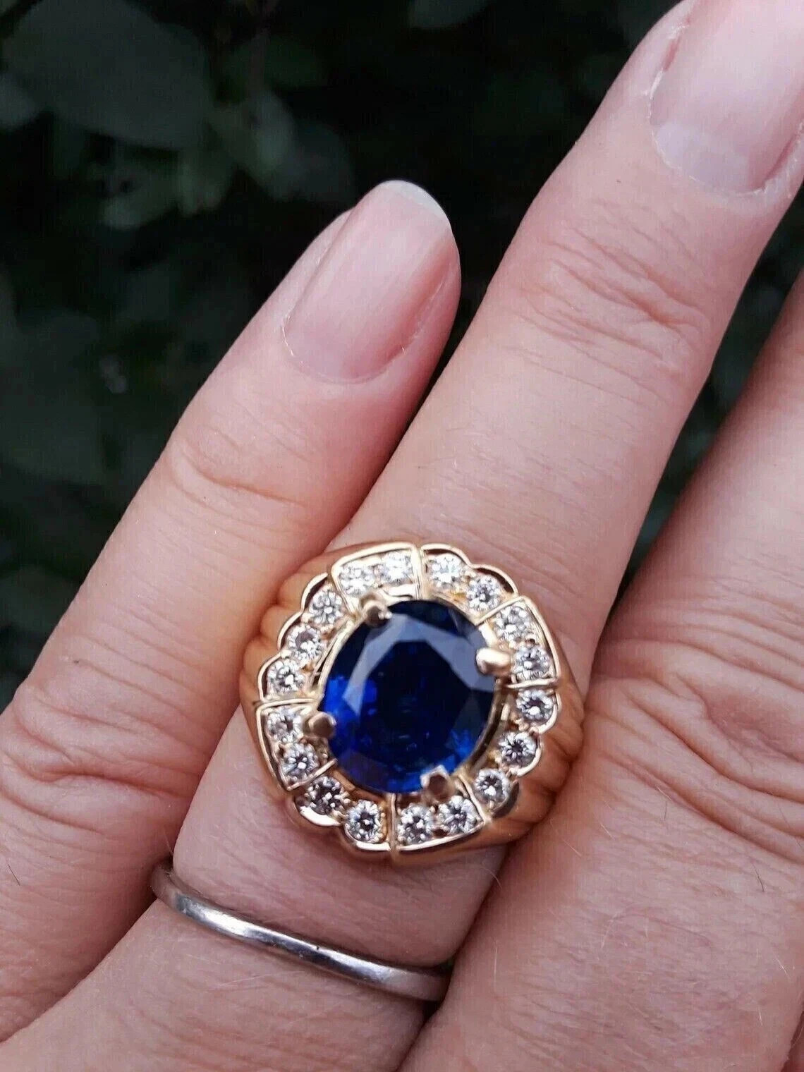 2.89 Ct Oval Cut Natural Blue Sapphire Diamond Wedding Ring 14K Yellow Gold