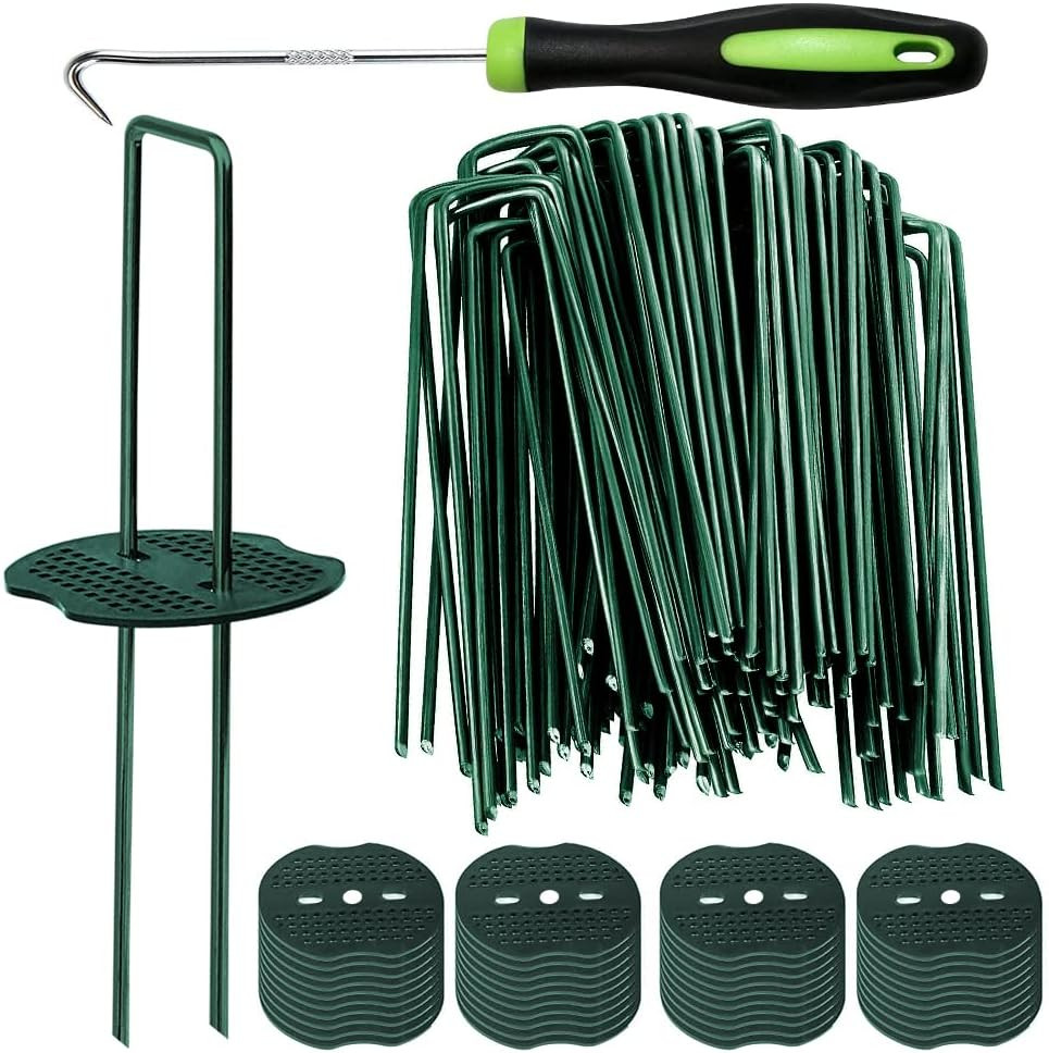 50Pcs Green Artificial Turf Stakes Staples + 50Pcs Buffer Washer, 6
