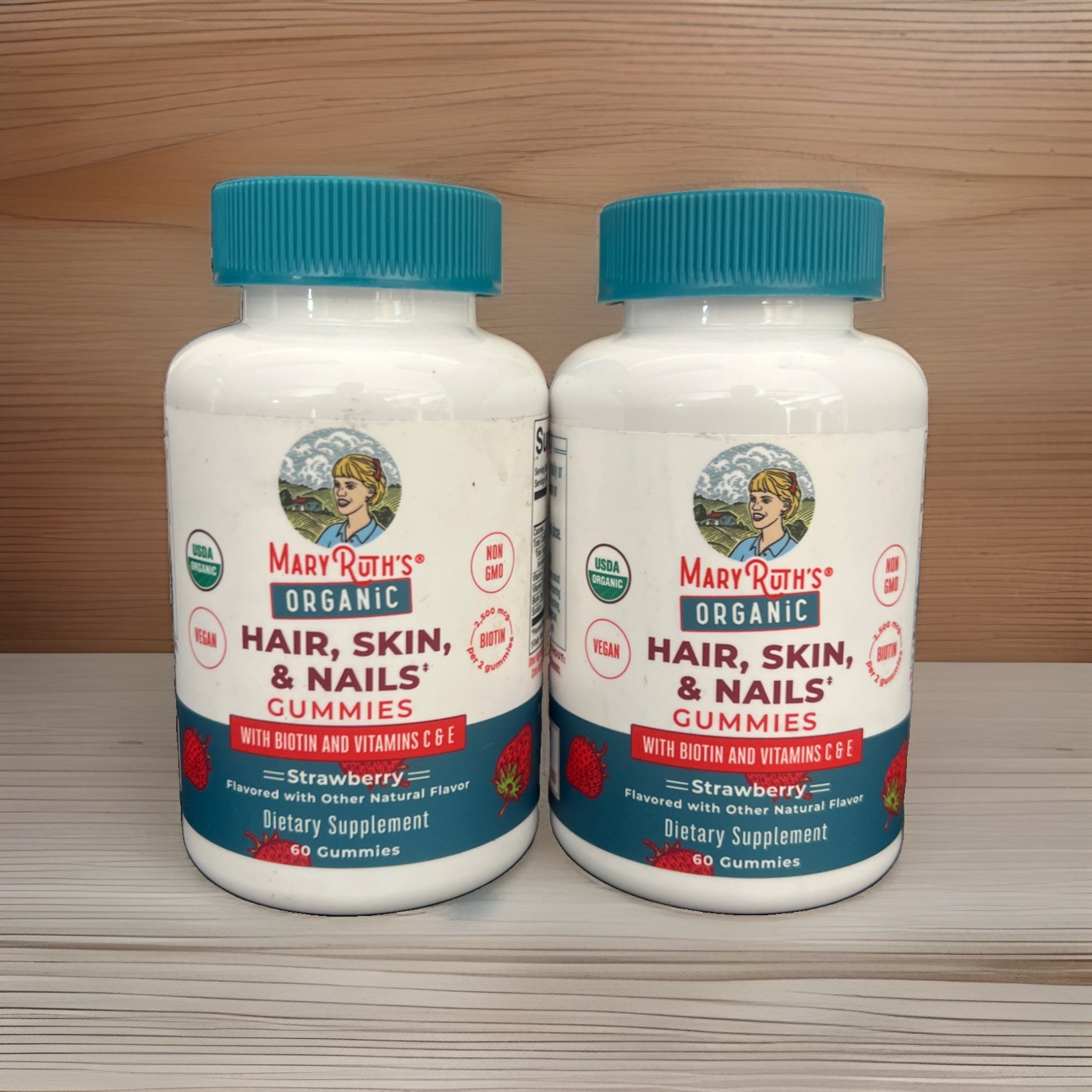 2x Mary Ruth\'s Organic hair skin nails strawberry 120 gummies biotin Vit C & E