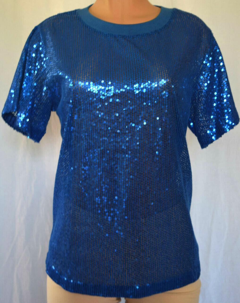  ASHISH TEAL BLUE SEQUIN BACK ZIPPER SHORT SLEEVES ROUND NECK TOP SIZE XL