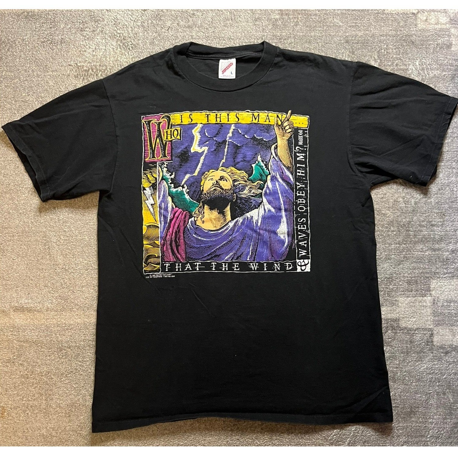 Vintage 1992 Jerzees Jesus Mark 4:41 Graphic T-Shirt Black Mens Large USA Made