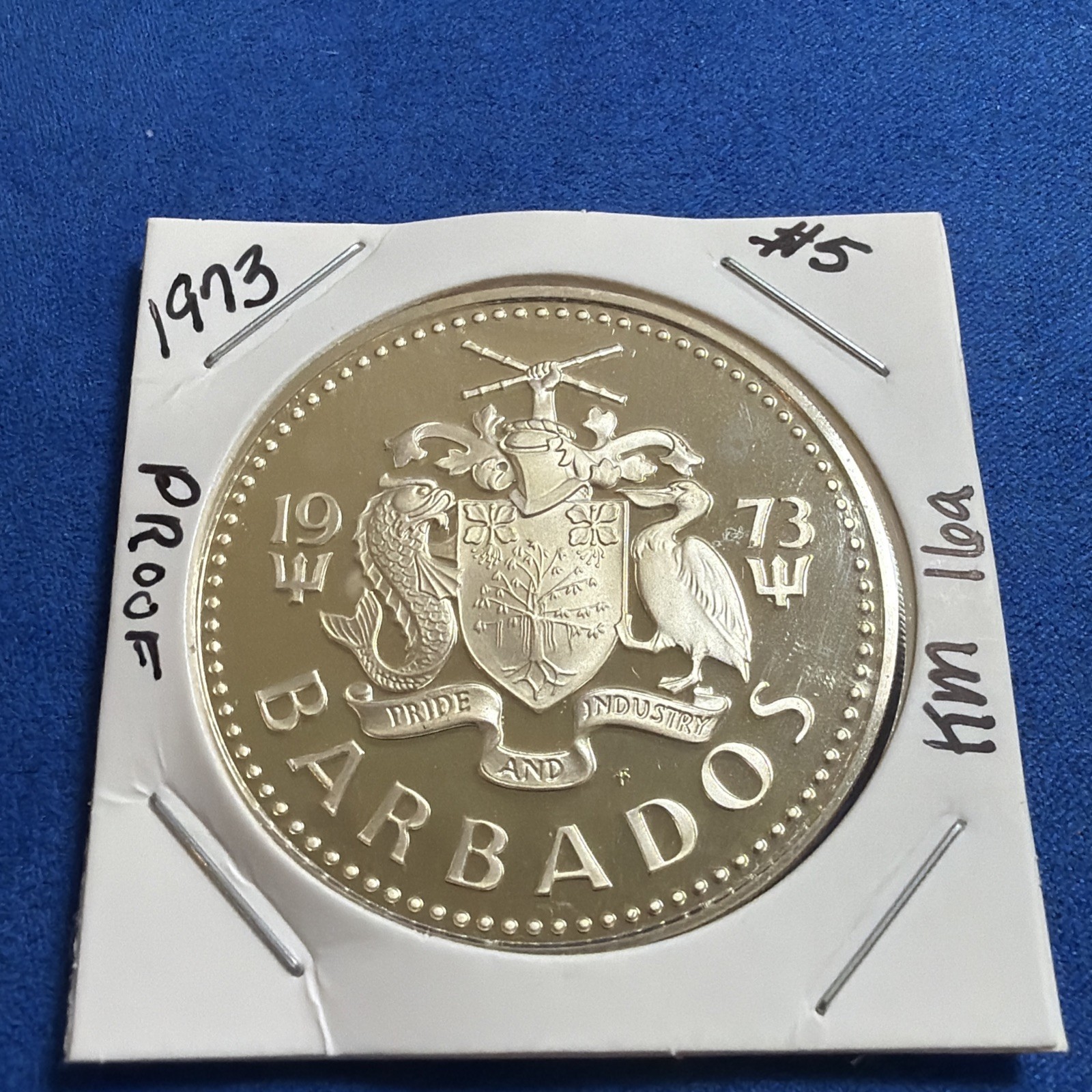 1973 Barbados $5 Five Dollars Silver Proof KM#16a 80% Silver Franklin Mint