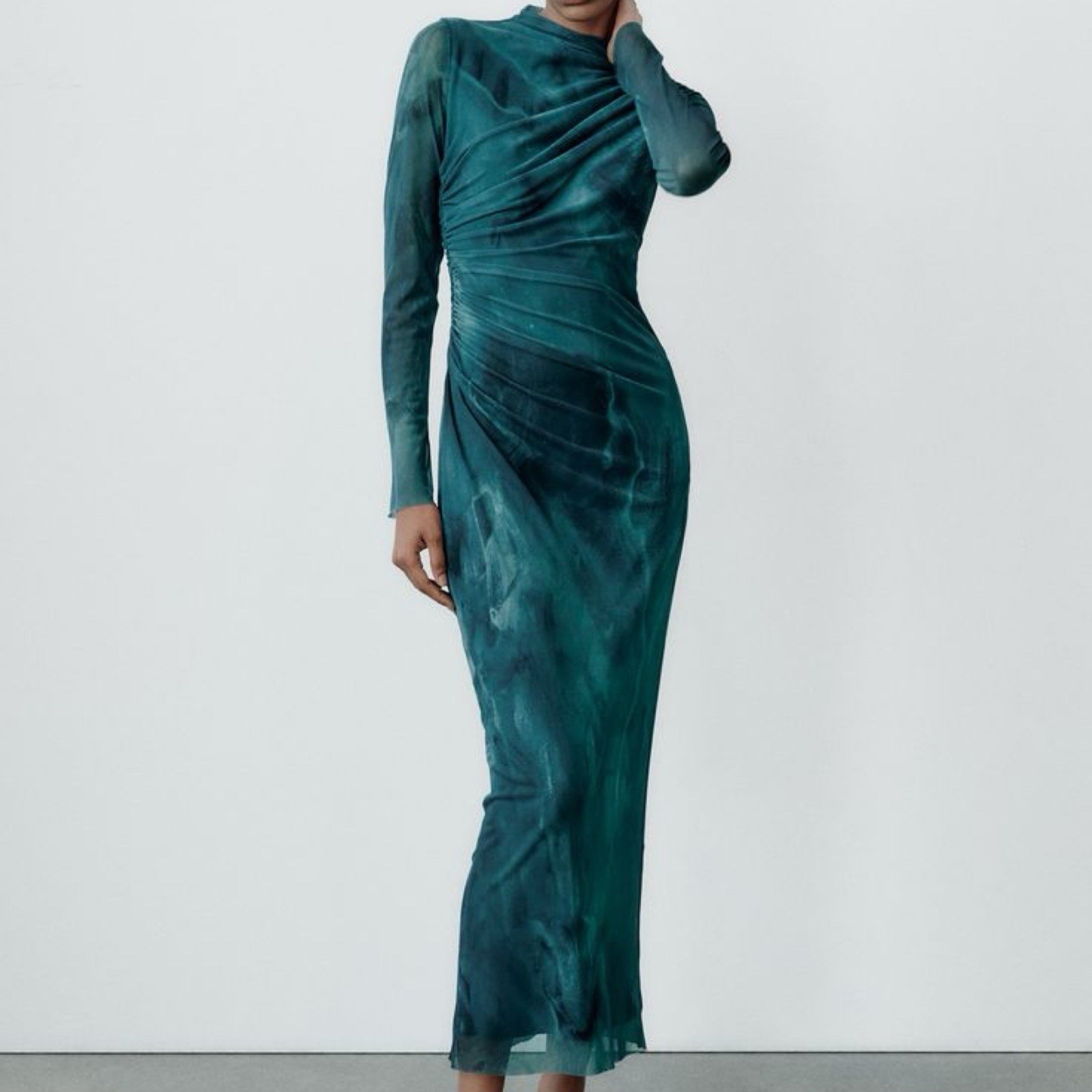 NWOT Zara Teal Mesh Draped Long Sleeve High-Neck Sheath Maxi Dress Medium