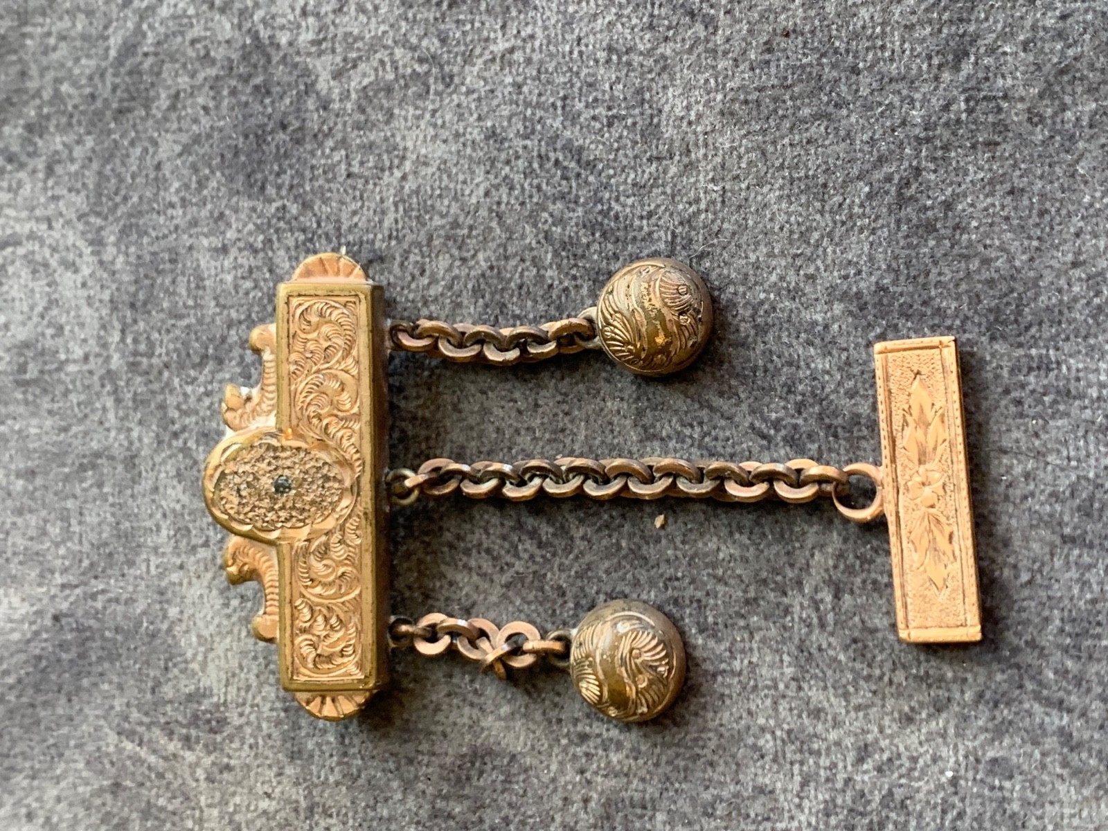 Vintage gold tone and 14K bar chatelaine brooch victorian