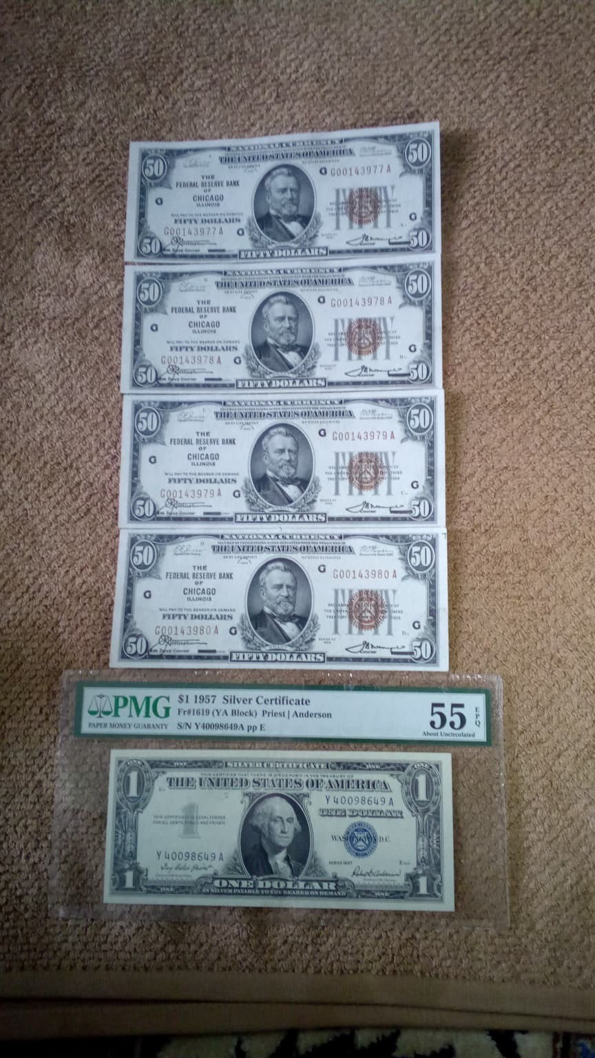 ULTRA EXTREMELY RARE 1929 FOUR CONSECUTIVE $50 FIFTY DOLLAR LOW NUM. NOTES, GEMU