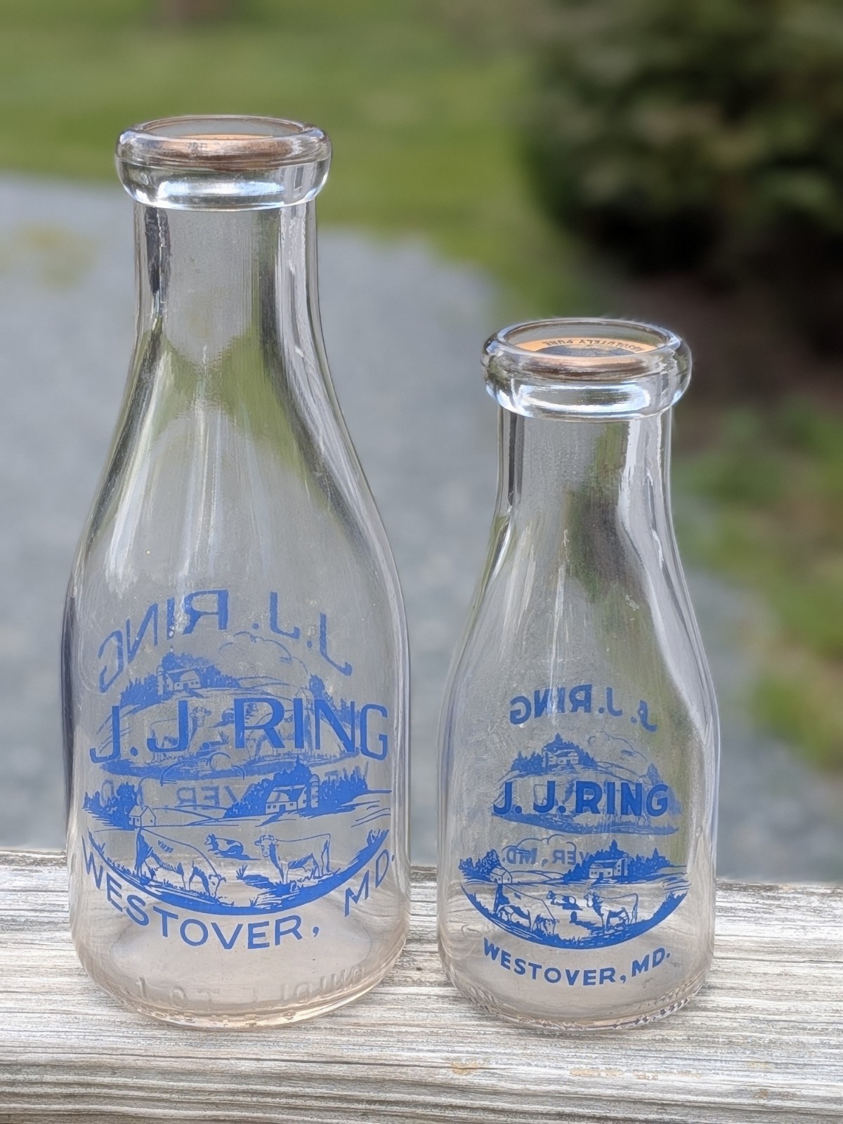 1936/1937 J.J. Ring Westover Maryland Set 1 Pt & 1 Qt Blue Pyro Milk Bottles 1936/1937 J.J. Ring Westover Maryland Set 1 Pt & 1 Qt Blue Pyro Milk Bottles