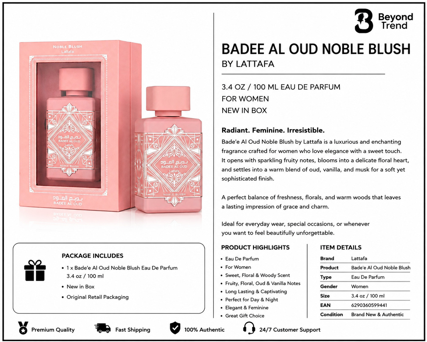 Bade\'e Al Oud Nobles Blush by Lattafa 3.4 oz EDP Perfume Women New in Box