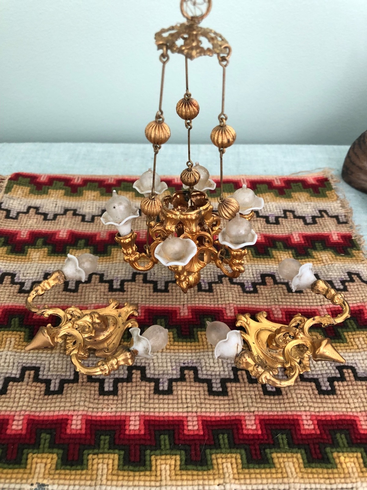 Antique German Dollhouse Erhard & Söhne Ormolu Chandelier Sconces 1:12 Miniature Antique German Dollhouse Erhard & Söhne Ormolu Chandelier Sconces 1:12 Miniature