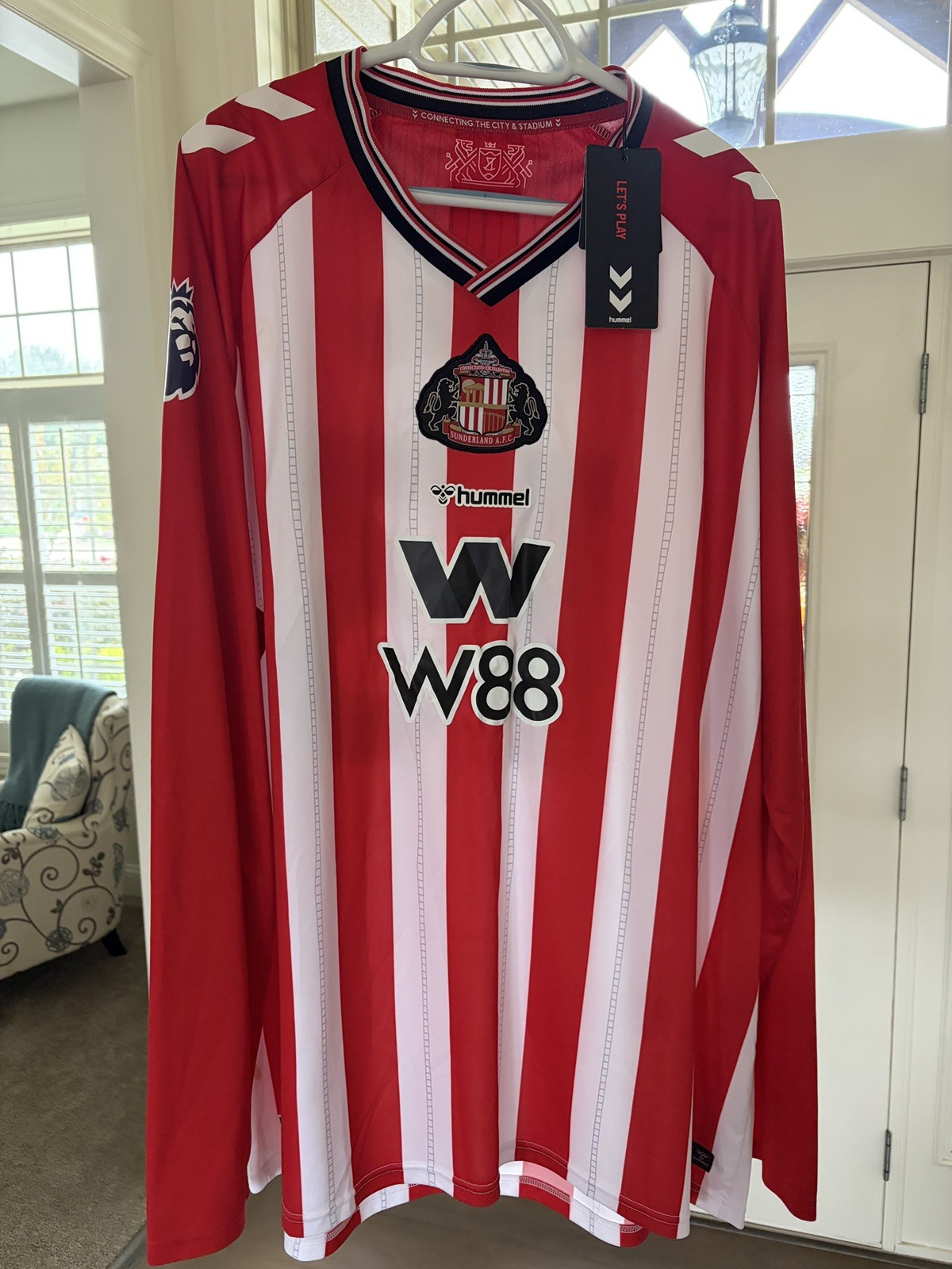 Sunderland 2025/26 Home Soccer Jersey Hummel Luke O’Nien 13 PL Sleeve Patch 4XL