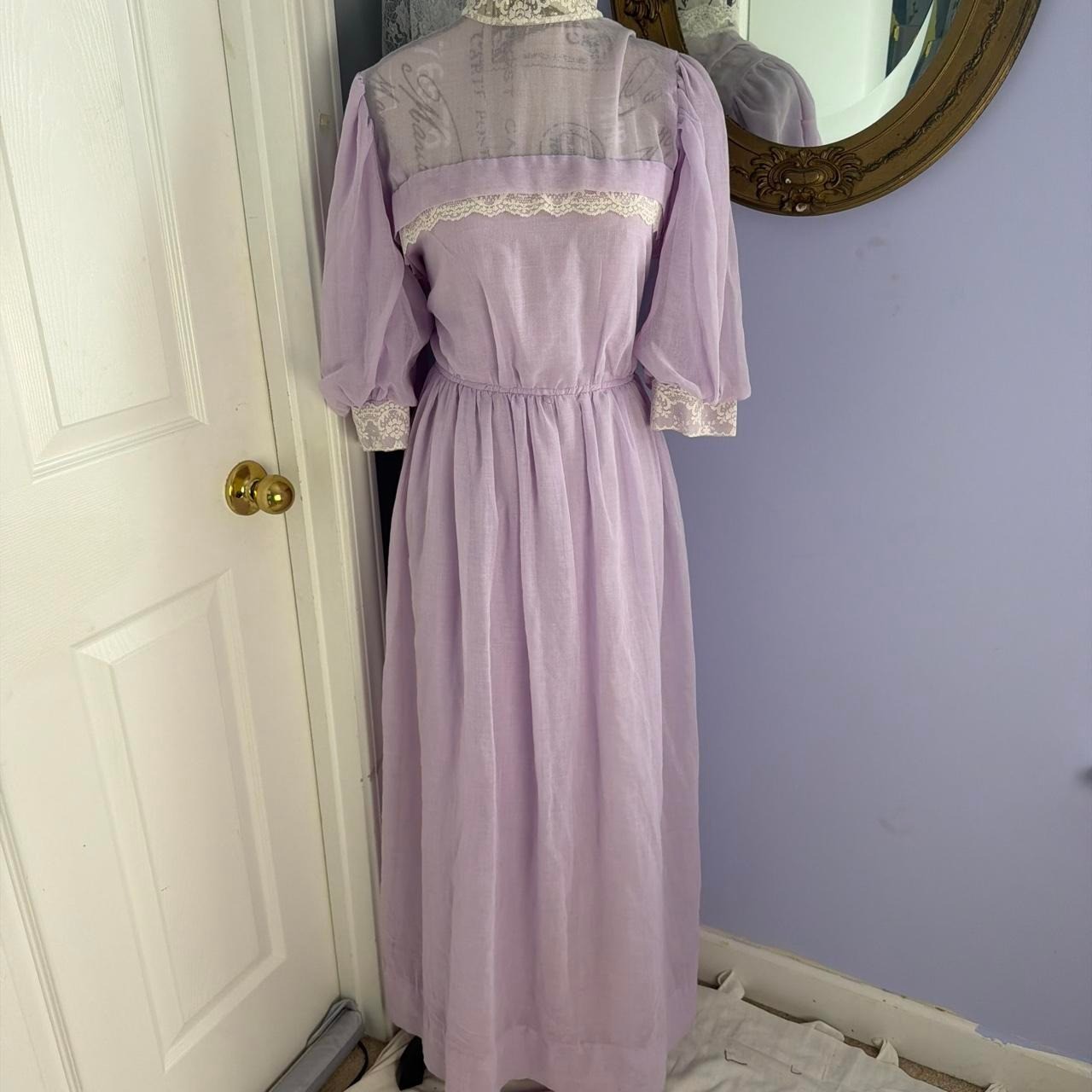 Vintage JCPenny 1970\'s Lavender/light purple lace dress with white lace trim. Vintage JCPenny 1970\'s Lavender/light purple lace dress with white lace trim.