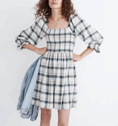 Madewell Lucie Flannel Smocked Mini Dress Cottage Green Pink Plaid Women S Madewell Lucie Flannel Smocked Mini Dress Cottage Green Pink Plaid Women S