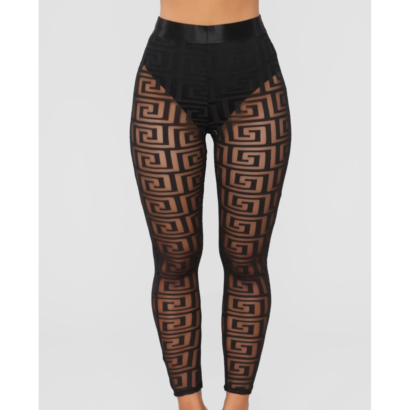 Fashion Nova Malika Mesh Leggings Black Geometric Greek Key Pants Womens Medium