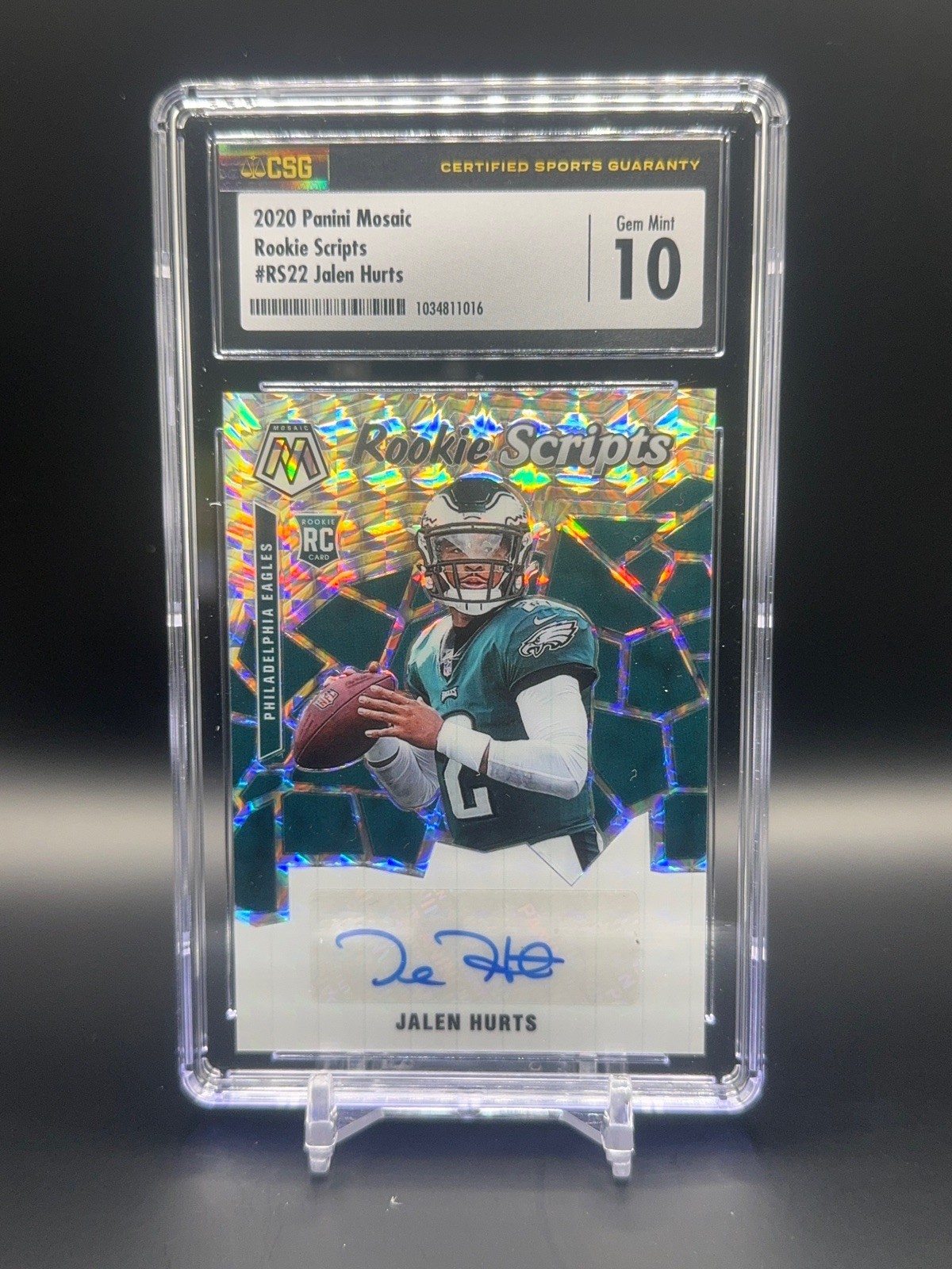 2020 Panini Mosaic #RS22 Jalen Hurts Rookie Scripts Auto CSG 10/10 Gem Mint 2020 Panini Mosaic #RS22 Jalen Hurts Rookie Scripts Auto CSG 10/10 Gem Mint