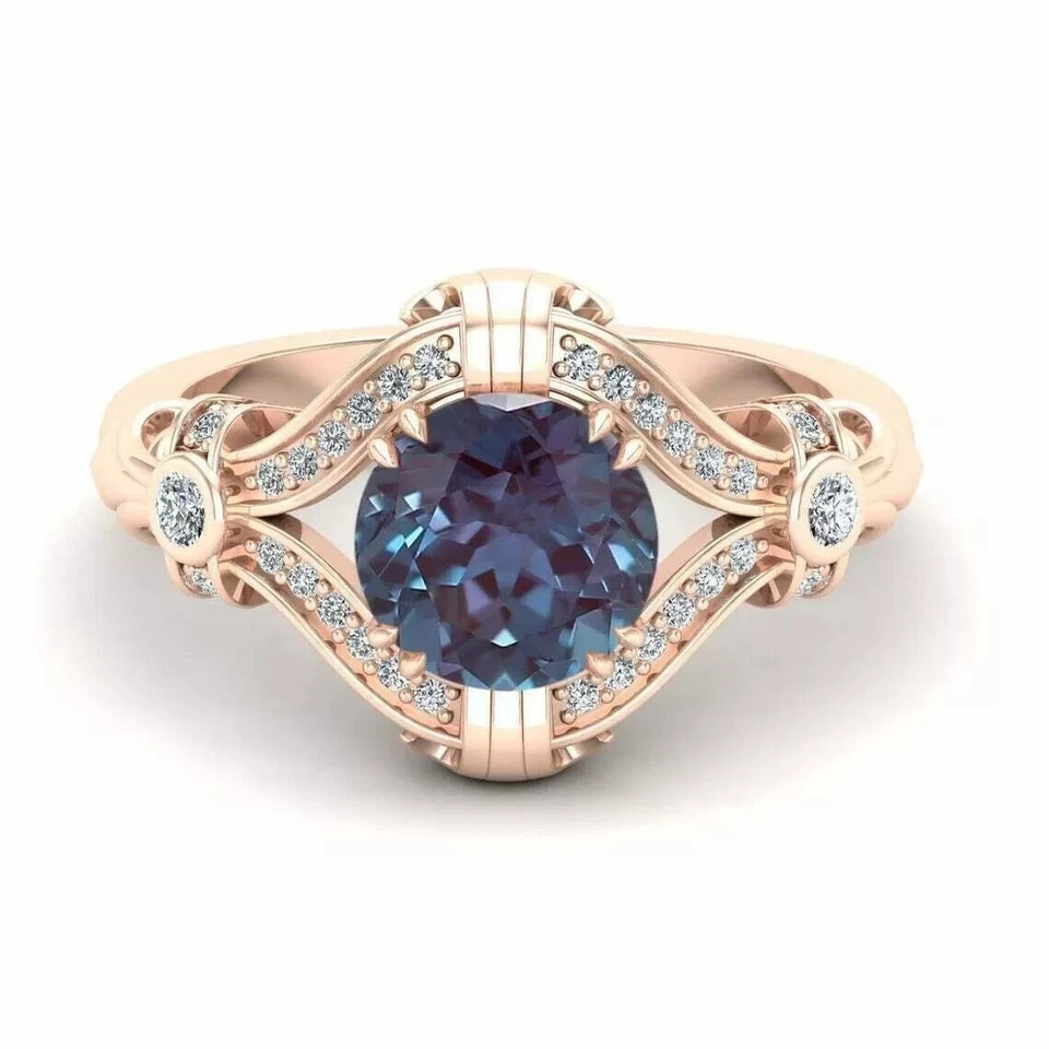 3Ct Art Deco Style Alexandrite Lab-Created Diamond Wedding 14K Rose Gold FN Ring
