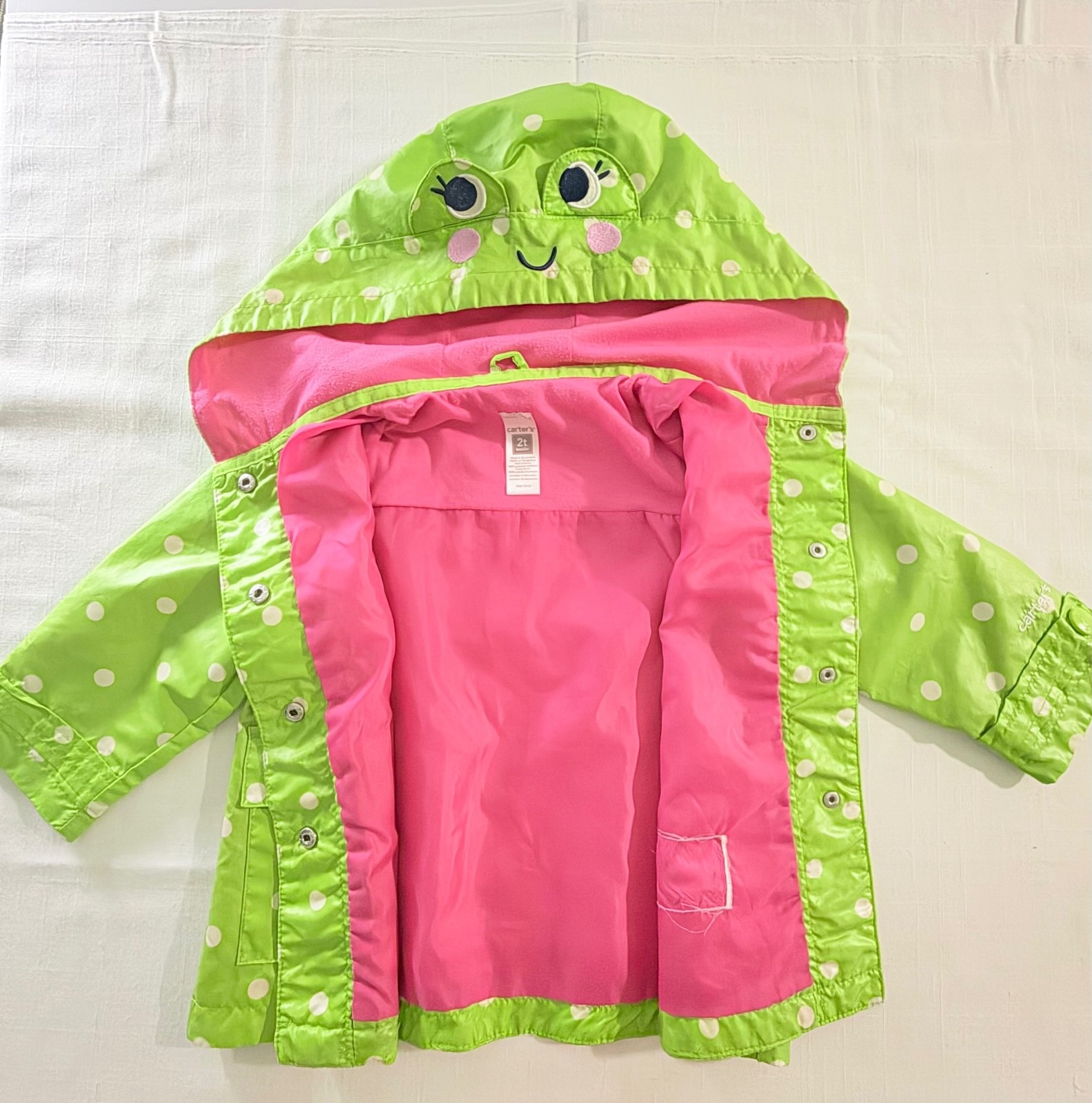 Carter\'s Toddler 2T Green Polka Dot Frog Hooded Rain Jacket with Pink Lining