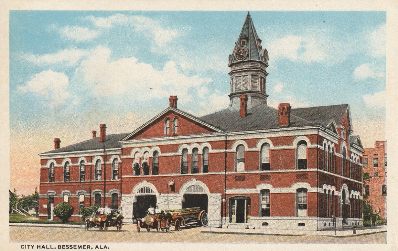 c.1916 Bessemer Ala. City Hall, Firetrucks.  C-T American Art Postcard