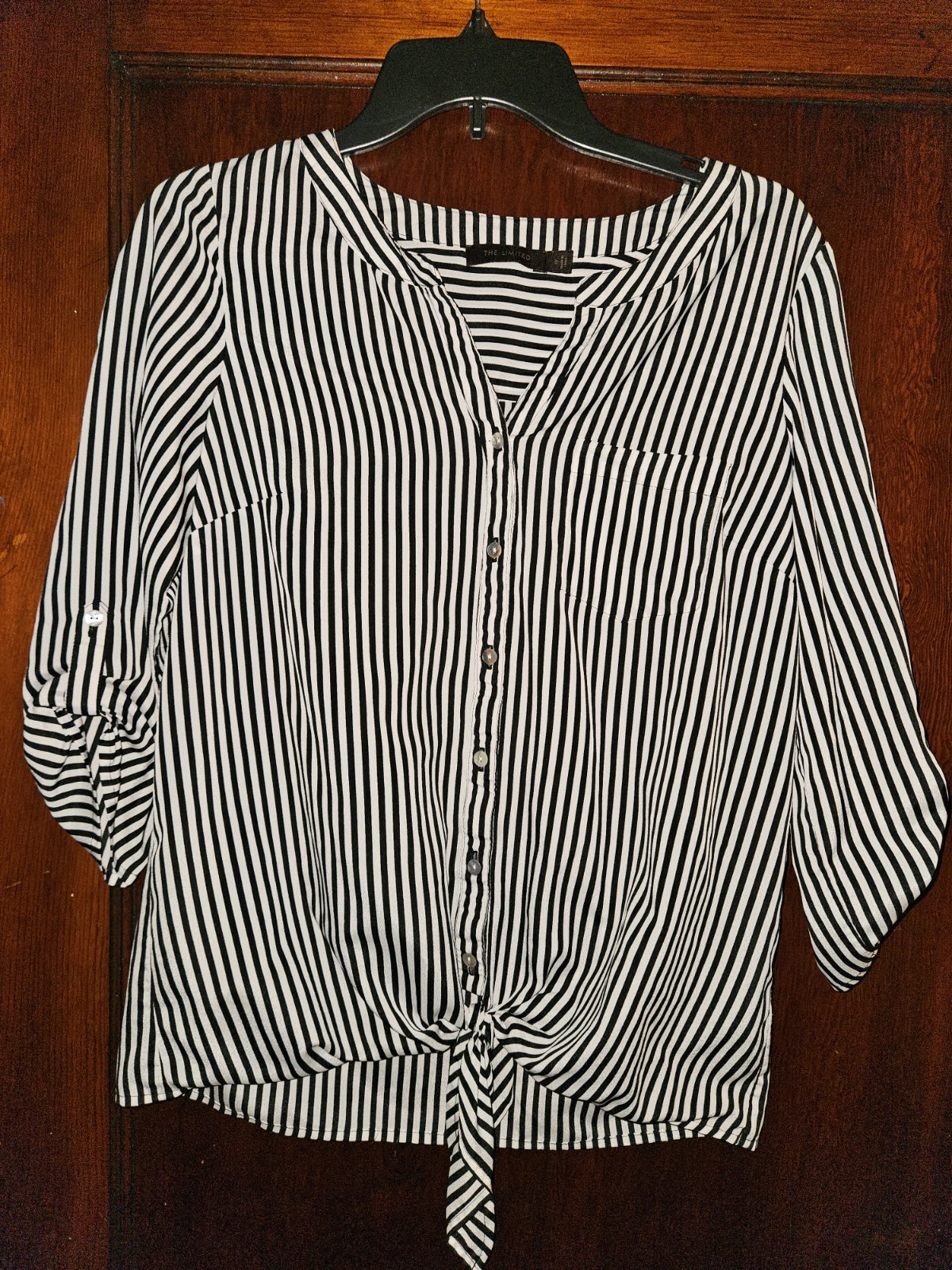 The Limited Women\'s Black/White Striped Button Up 3/4 Sleeve Blouse Size S