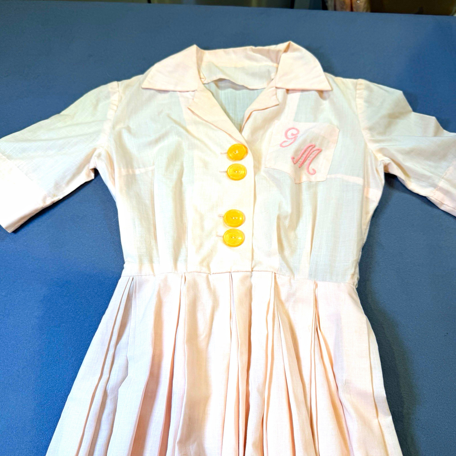 VTG 50s Handmade Monogram Shirtwaist Dress Pink Cotton Pleated Dress Mint XS