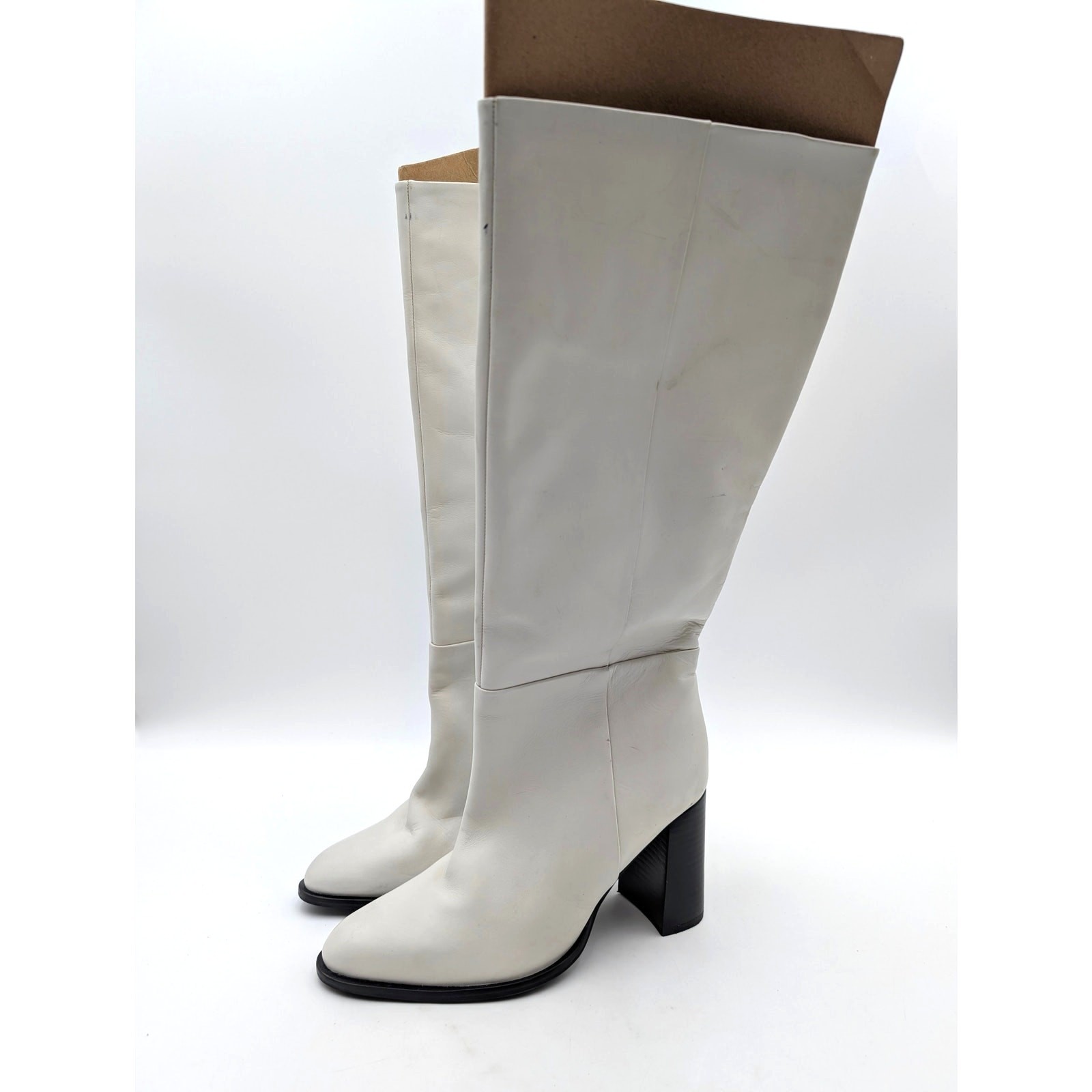 Seychelles Tall Block Heel Knee High Boots Women\'s Off White Size US7 EU37.5