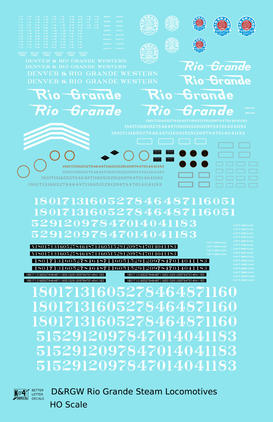 K4 HO/HOn3 Scale Decals Rio Grande DRGW Steam Locomotive