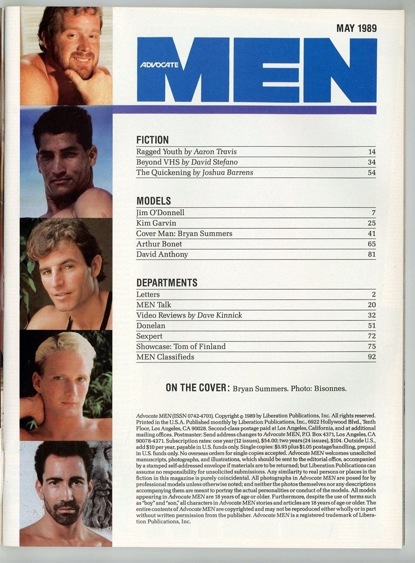 Advocate Men 1989 Bryan Summers, Arthur Bonet 98pgs Vintage Gay Magazine M38536