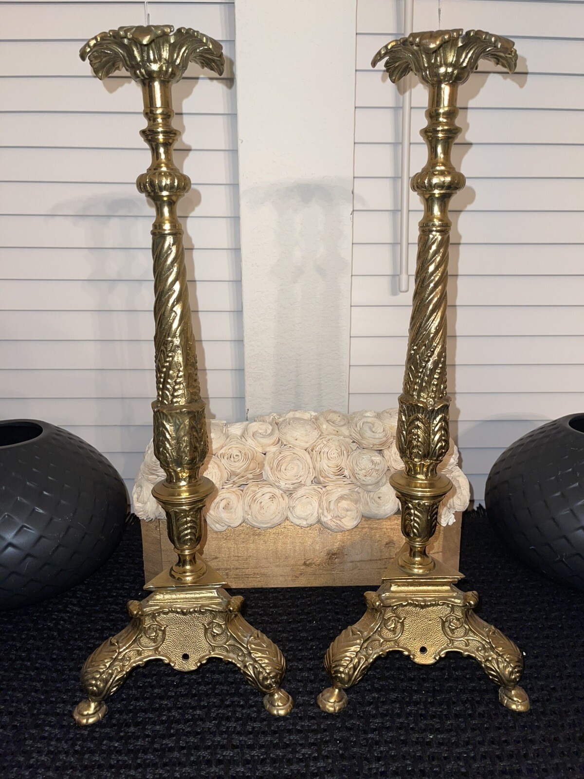 Vintage Pair Of 2 Ornate Tall Brass Candle Holders 20” Tall
