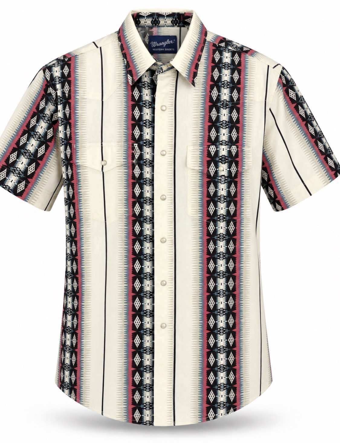Vtg Wrangler Western Shirt LG Pearl Snap Aztec Print Two Front Pockets Short SLV