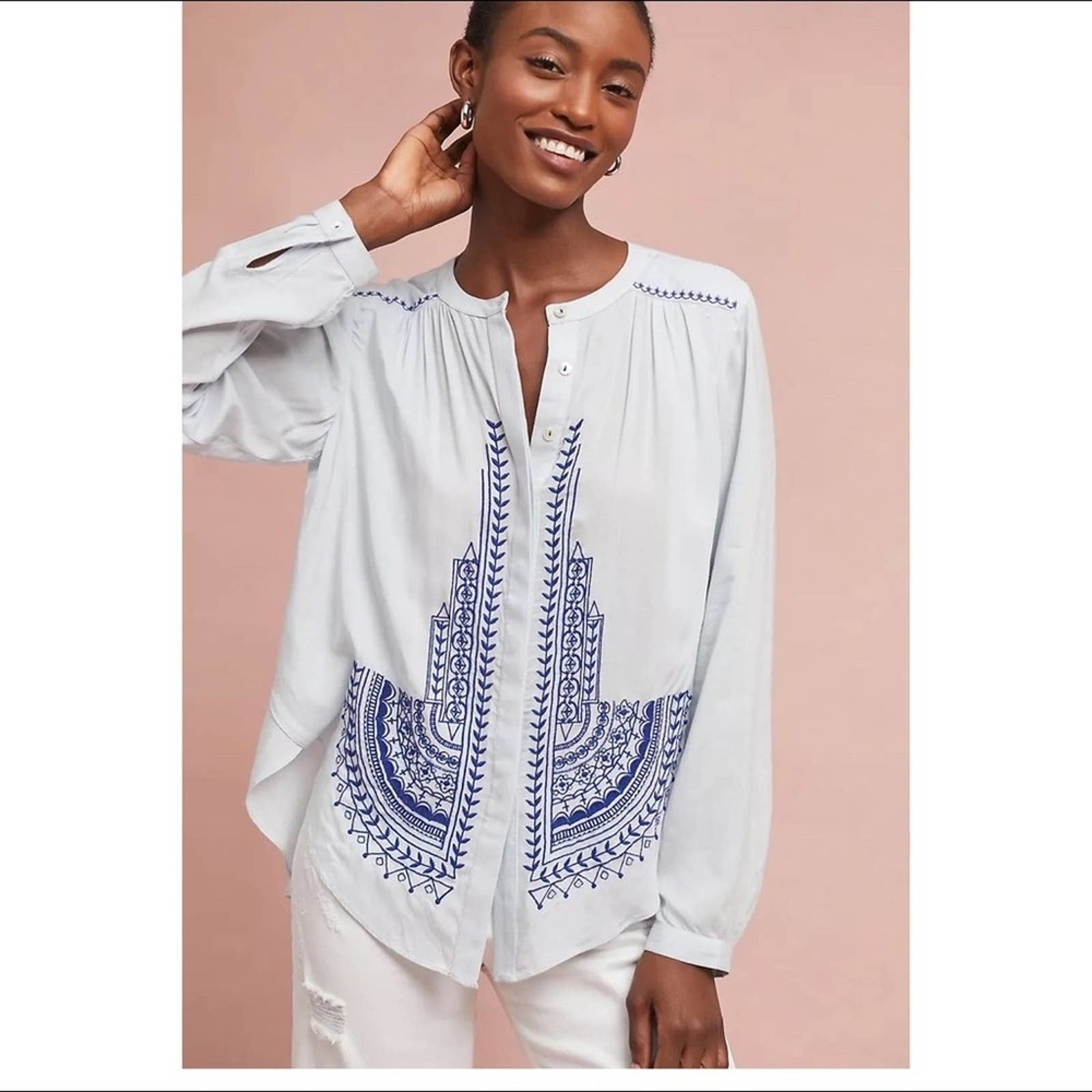 Anthropologie Akemi + Kim Iris Flowy  Boho Embroidered Button-down Size XS