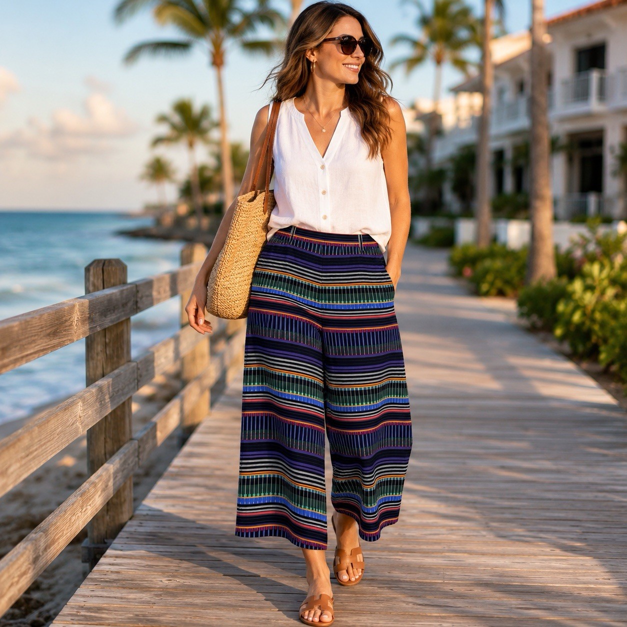 LOFT Fluid Wide Leg Crop Pants Women\'s Size 4 Multicolor Festival Striped Rayon