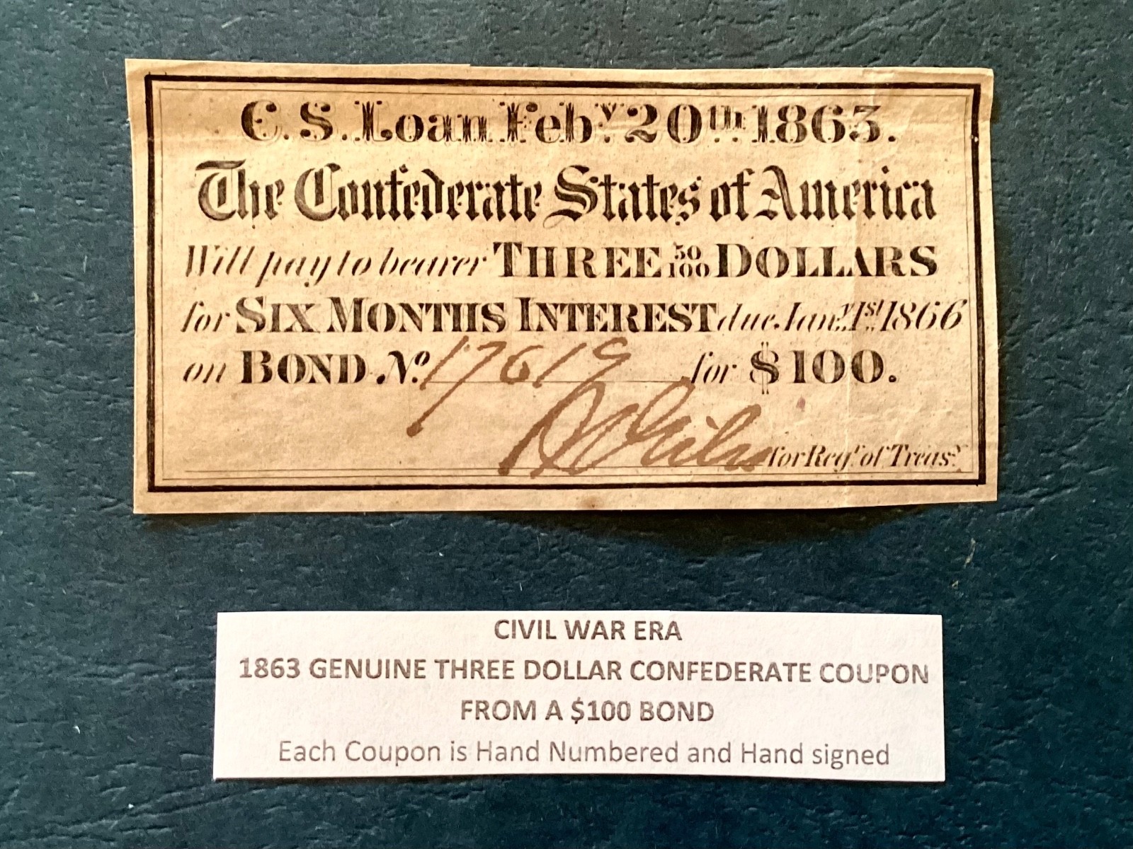 $3 Dollar 1863 Confederate States Civil War Coupon -  FREE US  SHIPPING