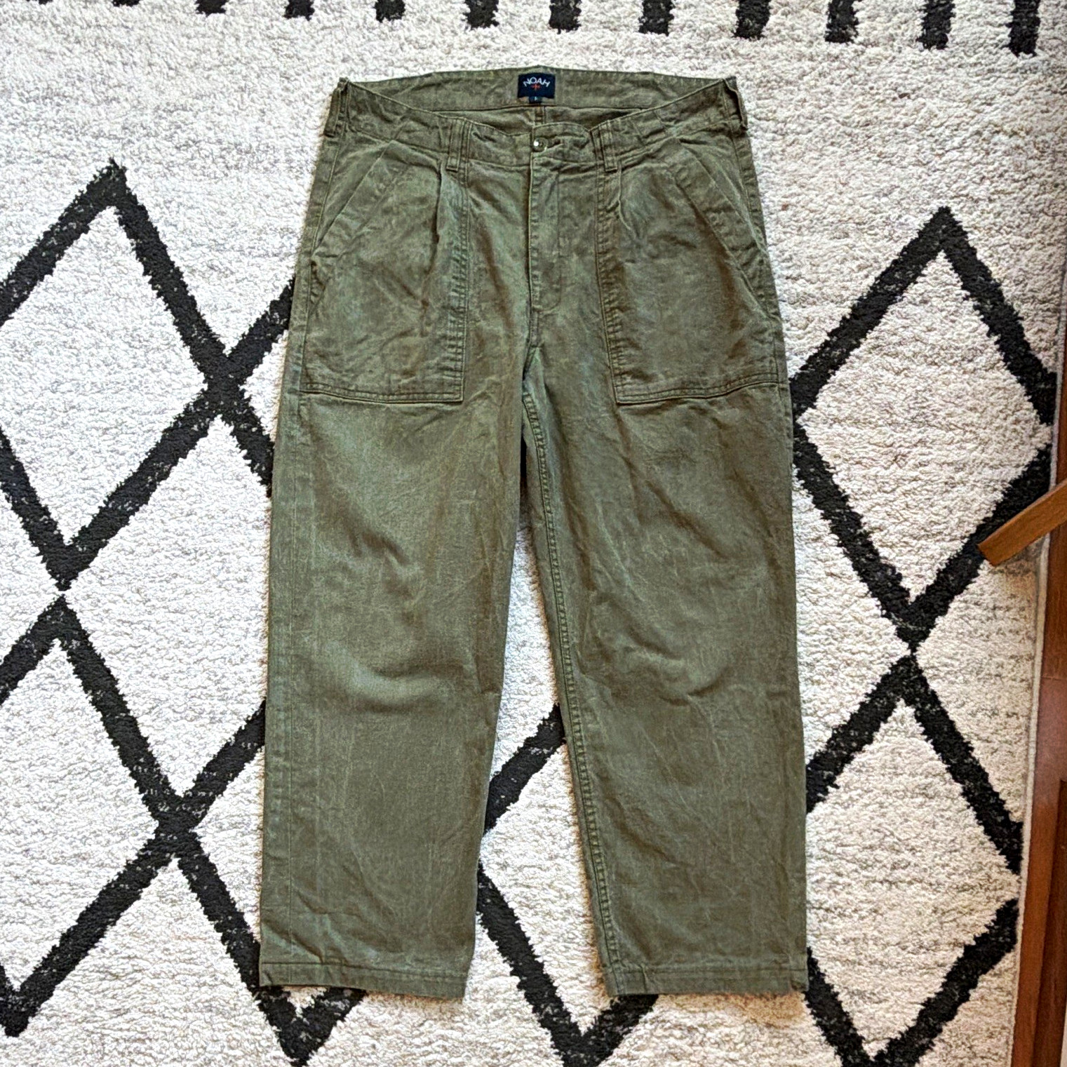 Noah NYC Pleated Cotton Twill Utility Pants 34x26 Army Green Fatigue Hemmed