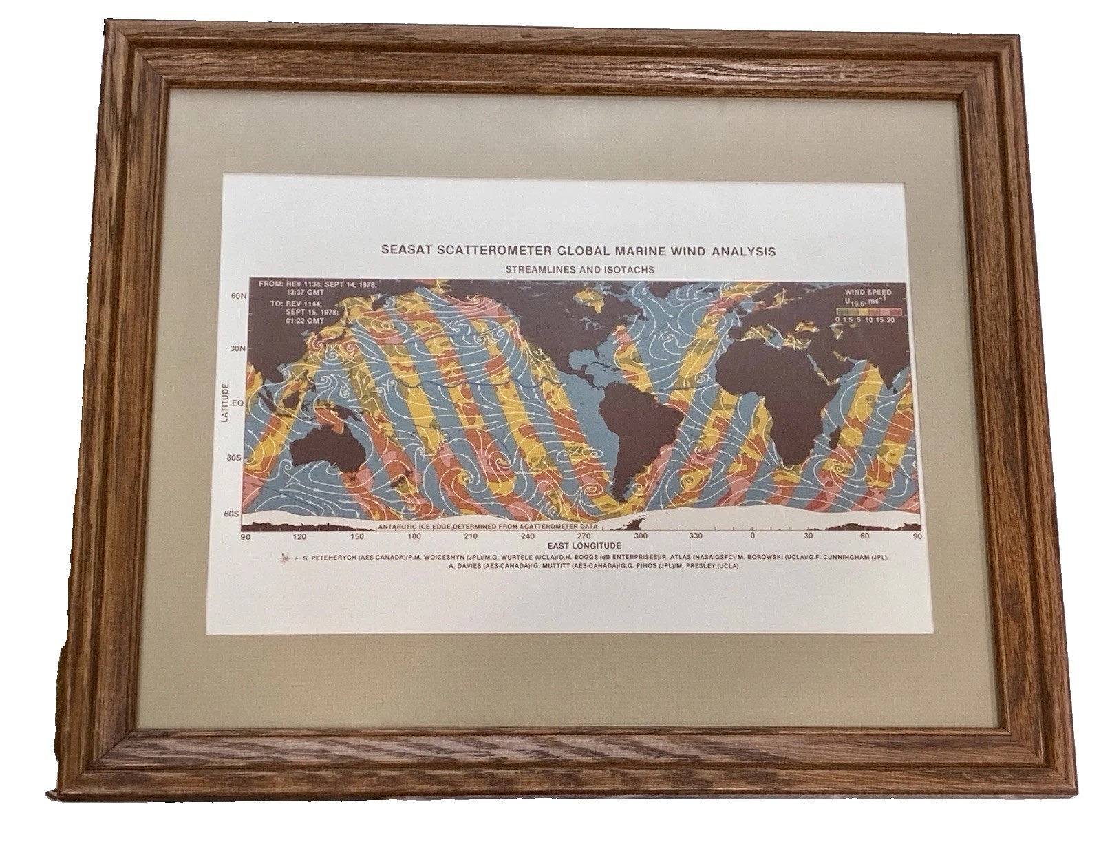 Vintage 1978 NASA JPL Seasat Scatterometer Global Wind Map Poster Framed 13x18