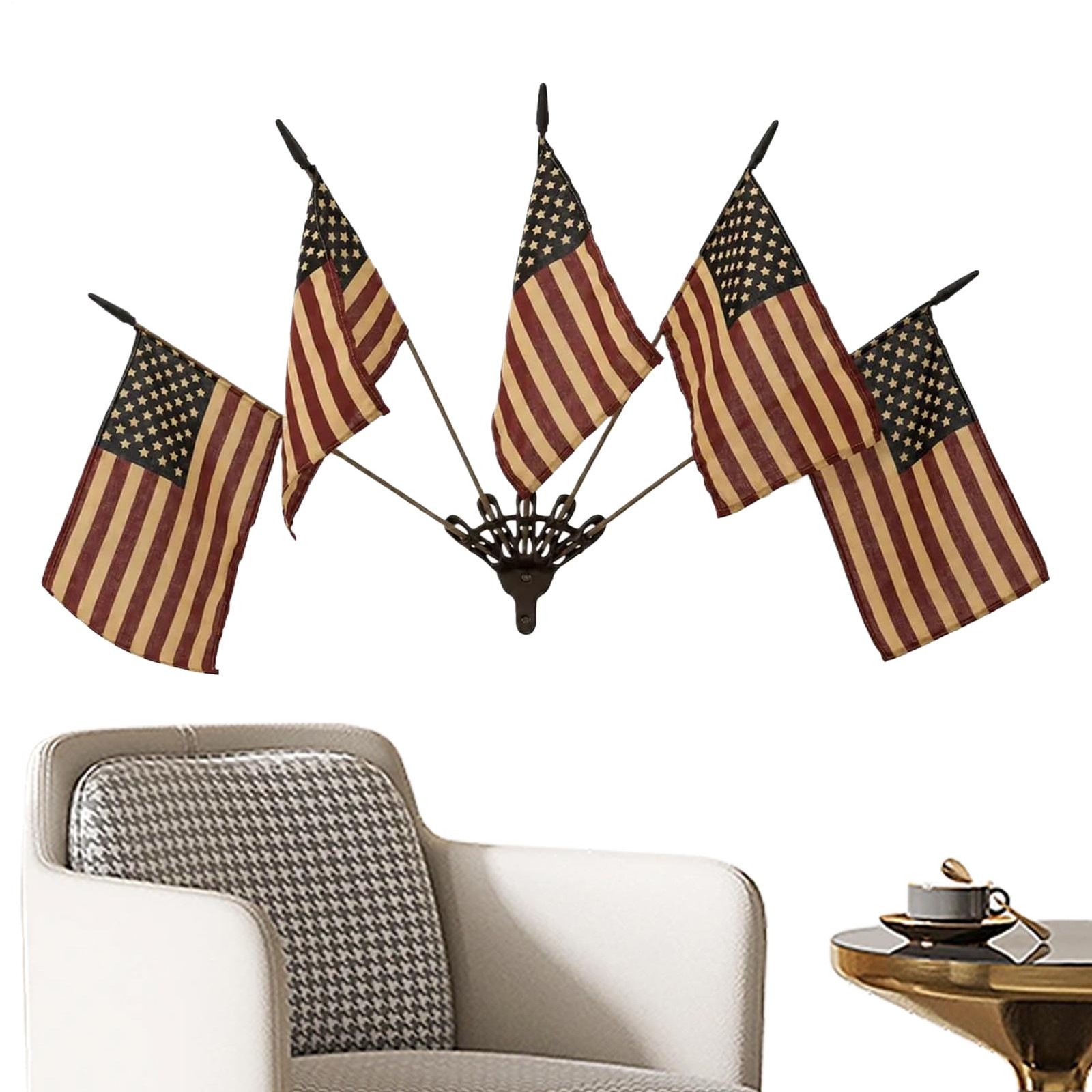 Vintage Five Tea-Stained Flags In A Rustic Cast Iron Wall Display, US Mini Flag