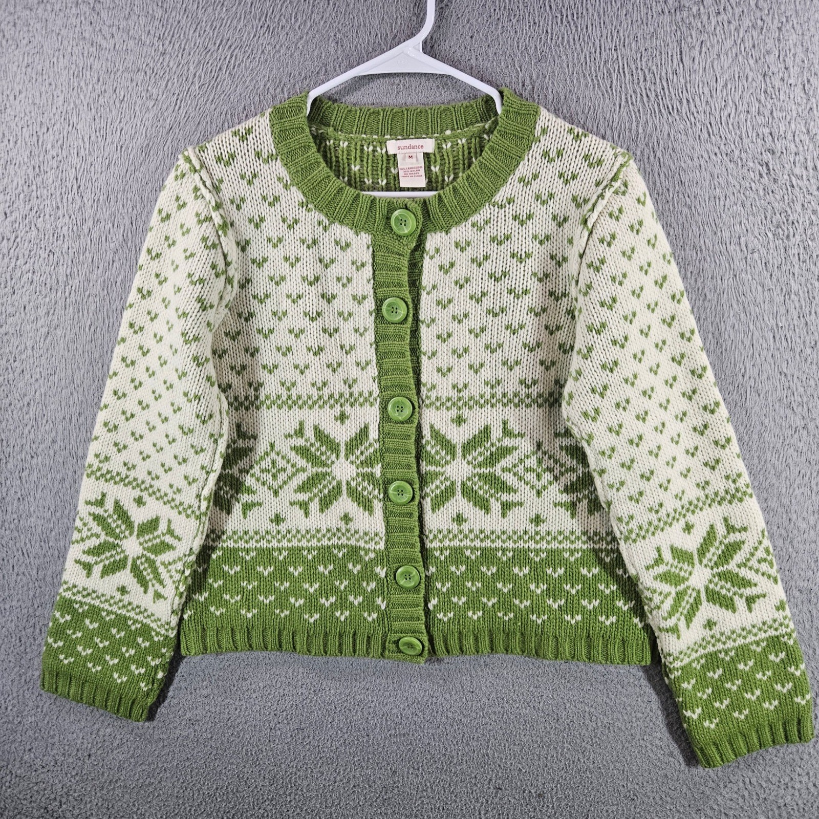 Sundance Green Cream Lambswool Fair Isle Snowflake Cardigan Sweater Womens Sz M Sundance Green Cream Lambswool Fair Isle Snowflake Cardigan Sweater Womens Sz M