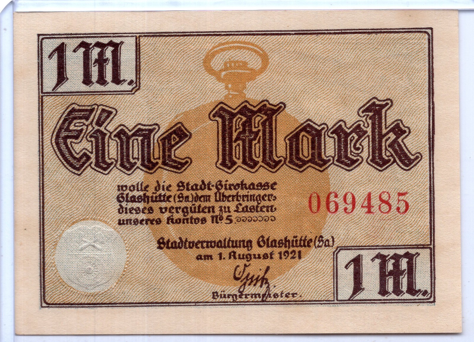 1921 Germany Glashutte Notgeld 1 Mark Note (NG147) 1921 Germany Glashutte Notgeld 1 Mark Note (NG147)