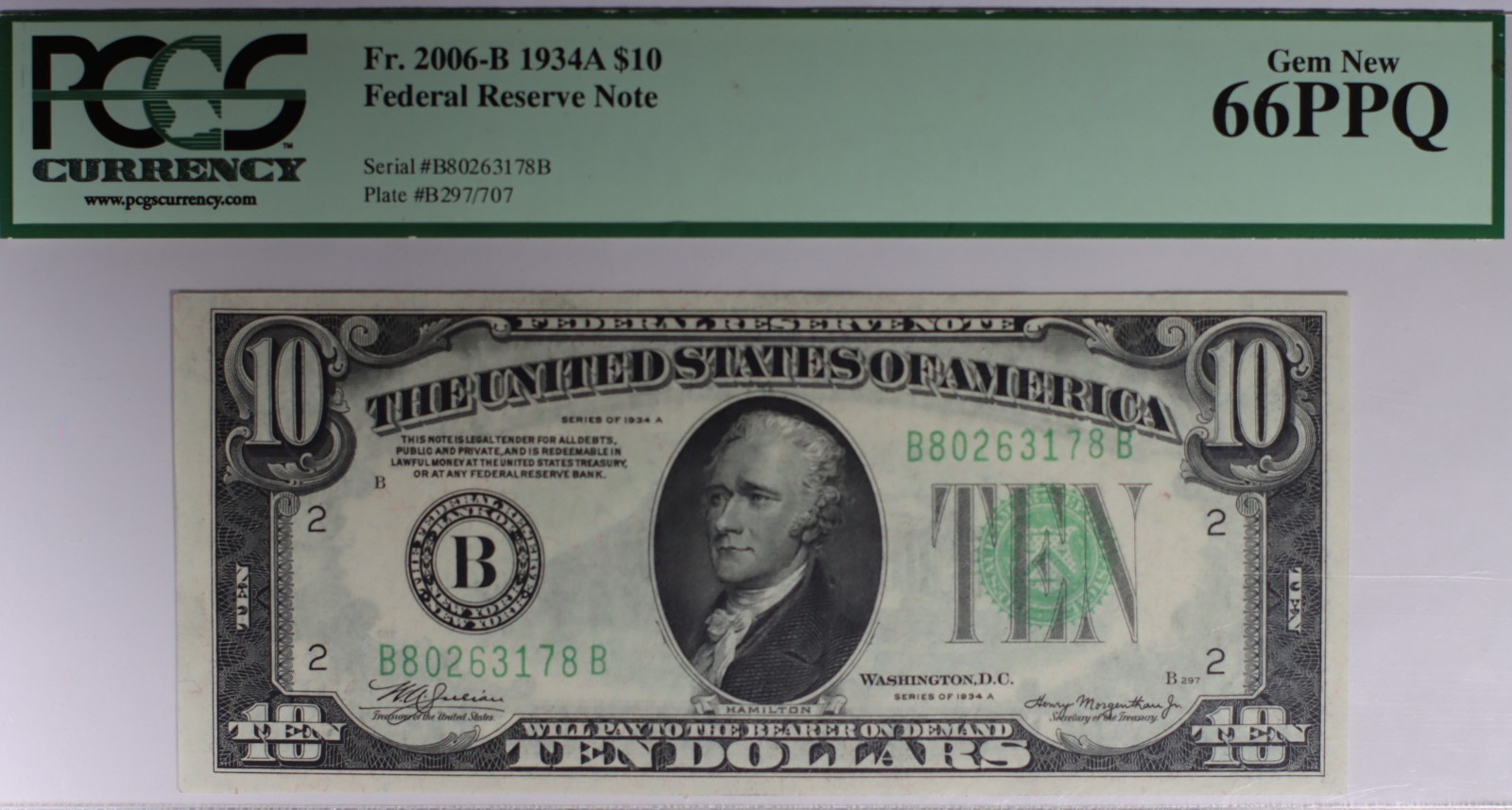 1934 A $10 FEDERAL RESERVE NOTE BOSTON FR.2006-B PCGS GEM UNC 66 PPQ