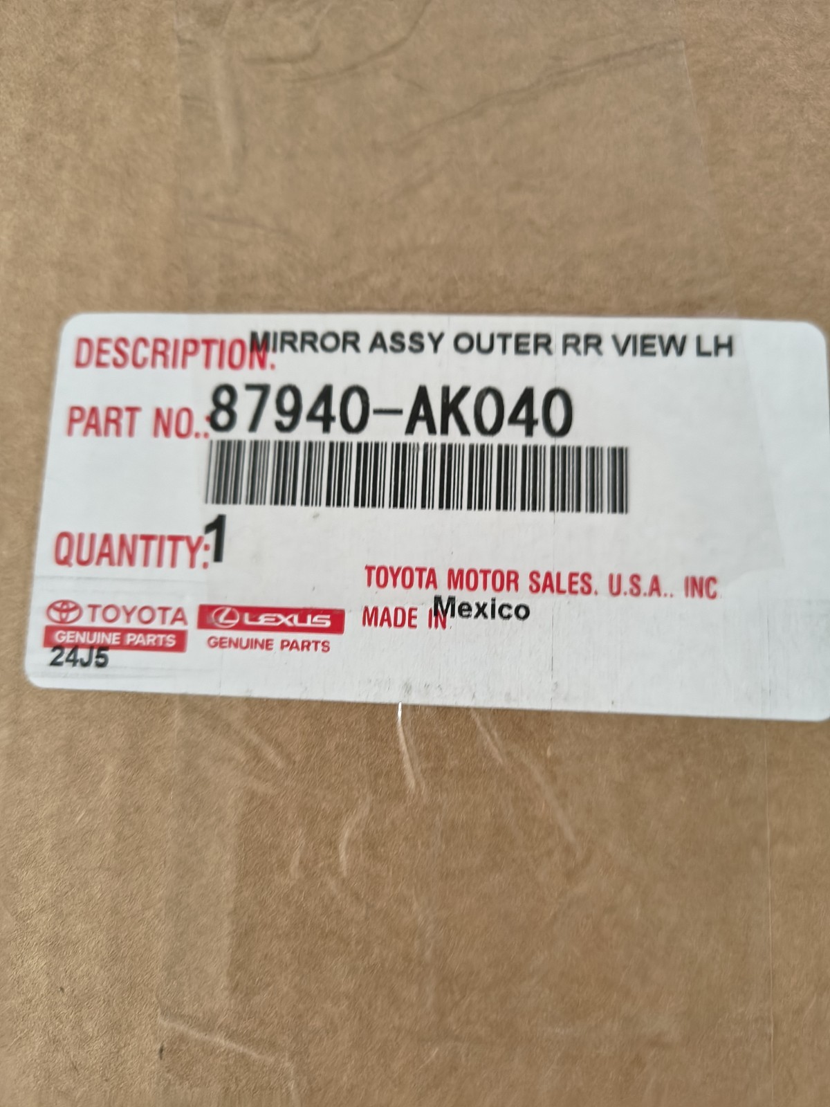 24-25 Tacoma Driver Side Mirror Assembly. OEM. Unopened 87940-AK040