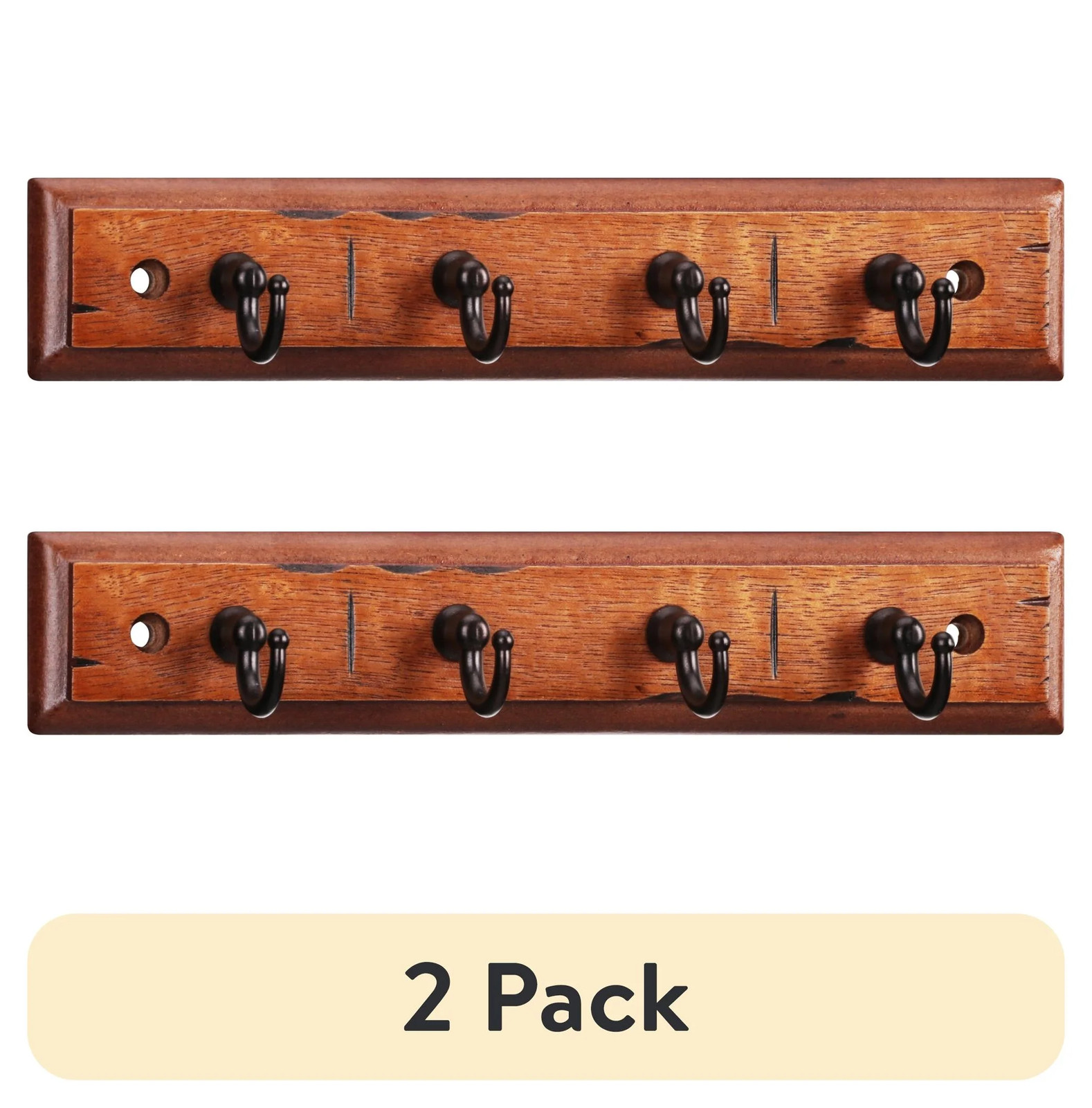 Mainstays Walnut Finish Key Rail 8.75 Inch with 4 Satin Nickel Hooks 2 Pack