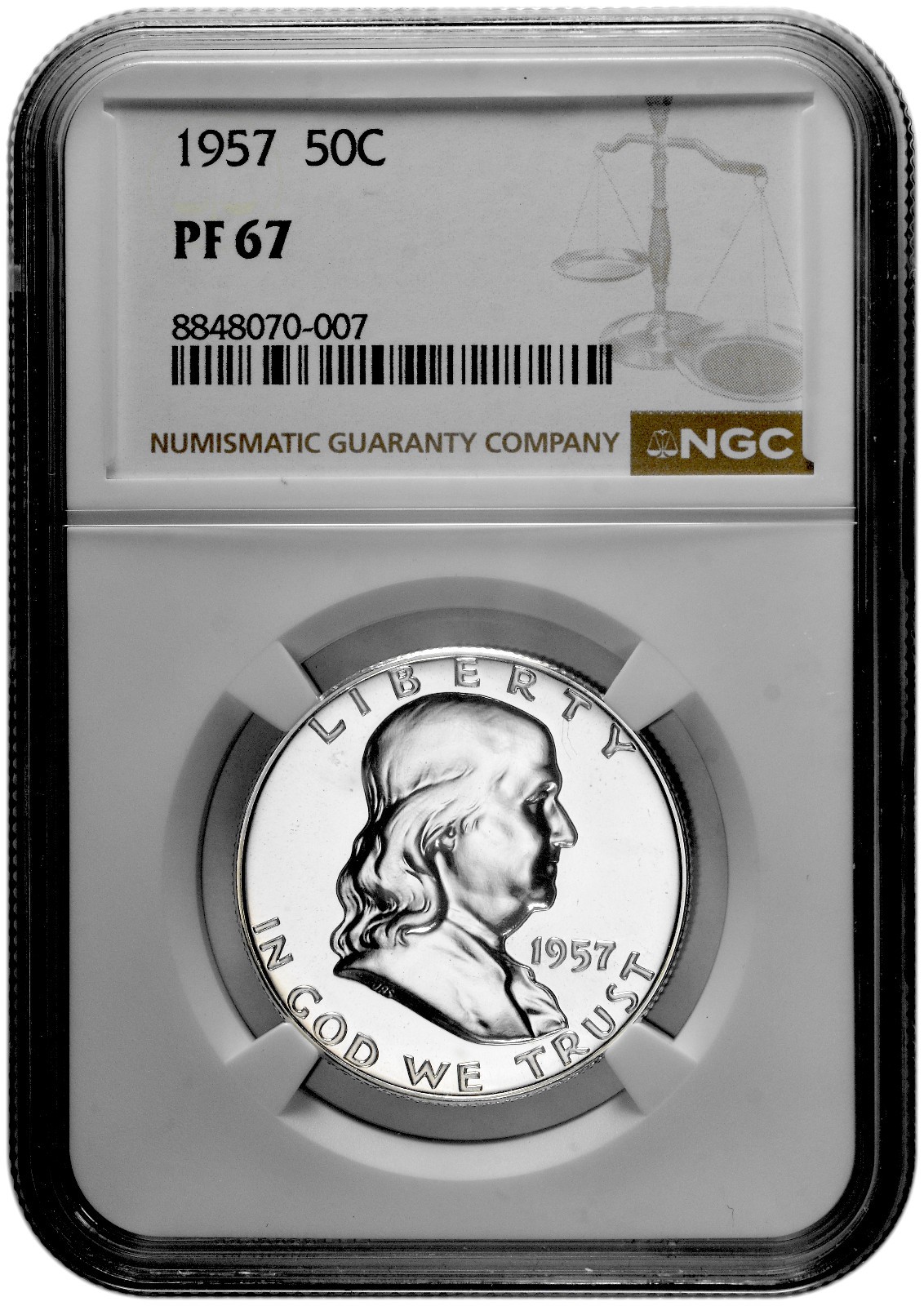 1957 50C Proof Silver Franklin Half Dollar NGC Graded PF 67 White Coin